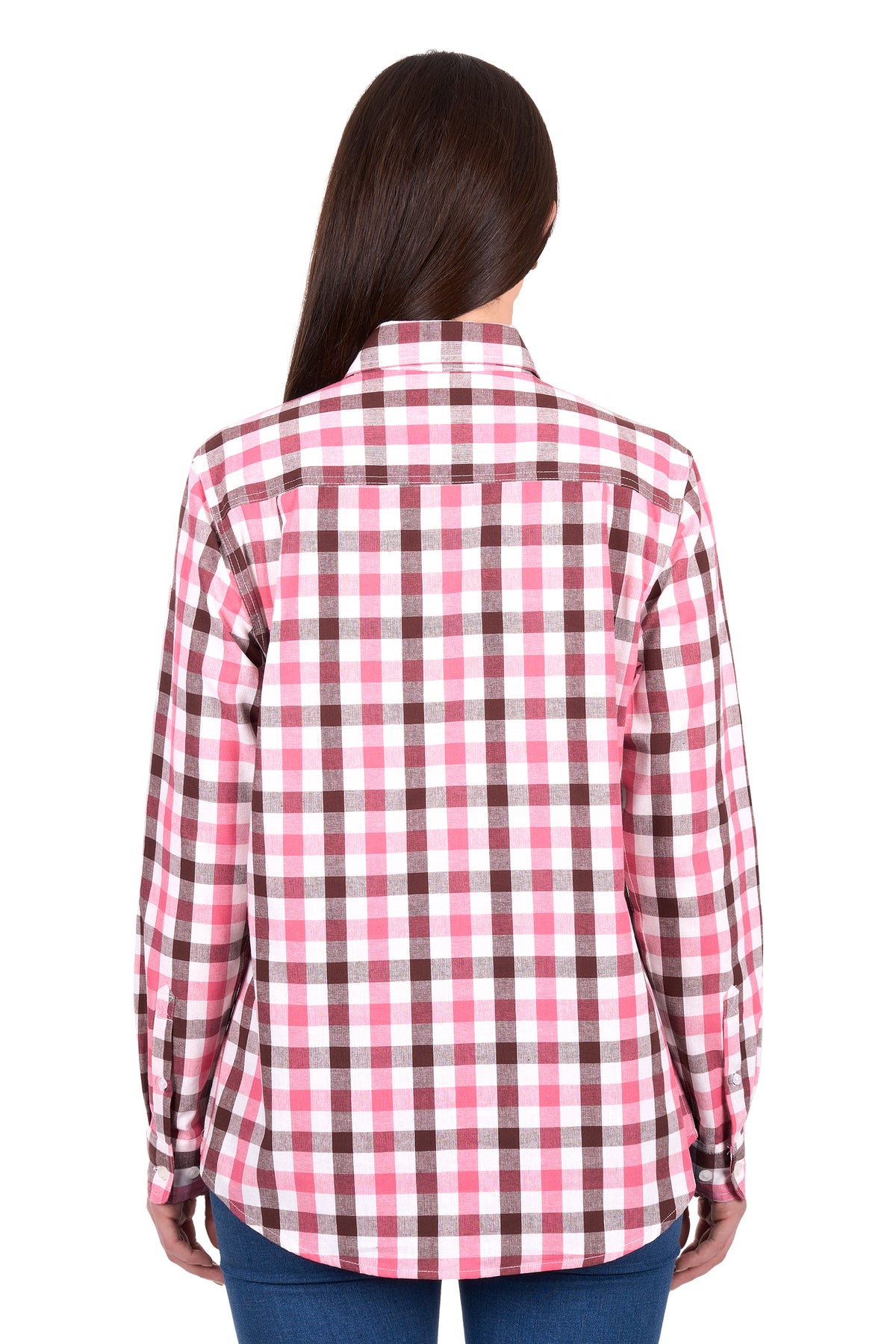 Person wearing a pink and brown plaid shirt on a white background