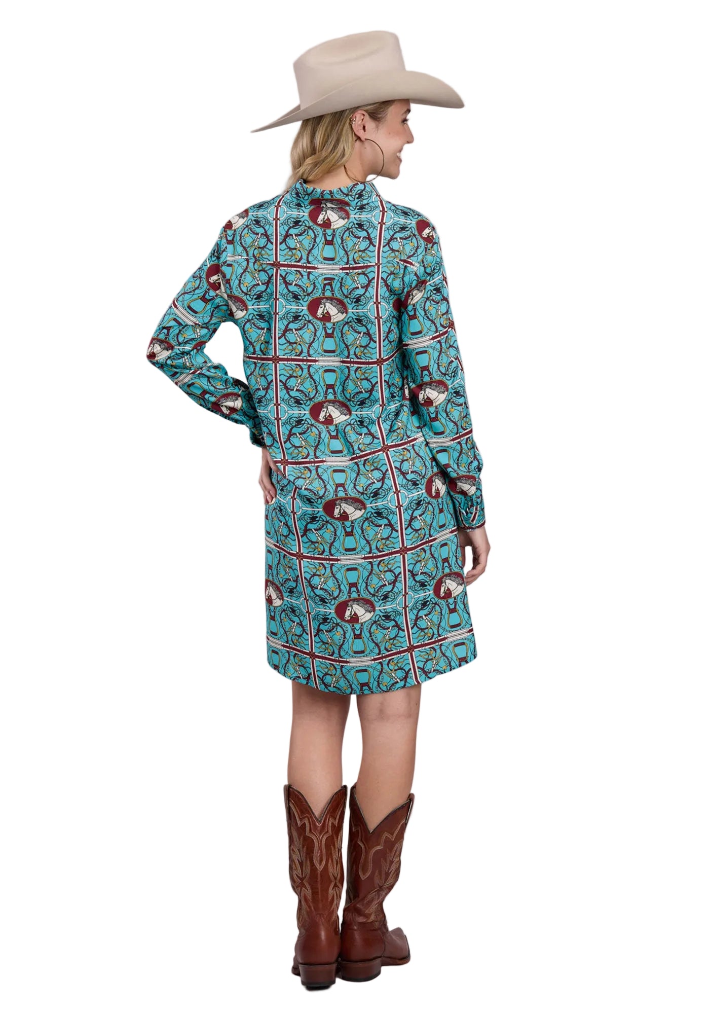 Roper Women's Five Star Collection Print DressWoman wearing a patterned dress with a cowboy hat on a white background 