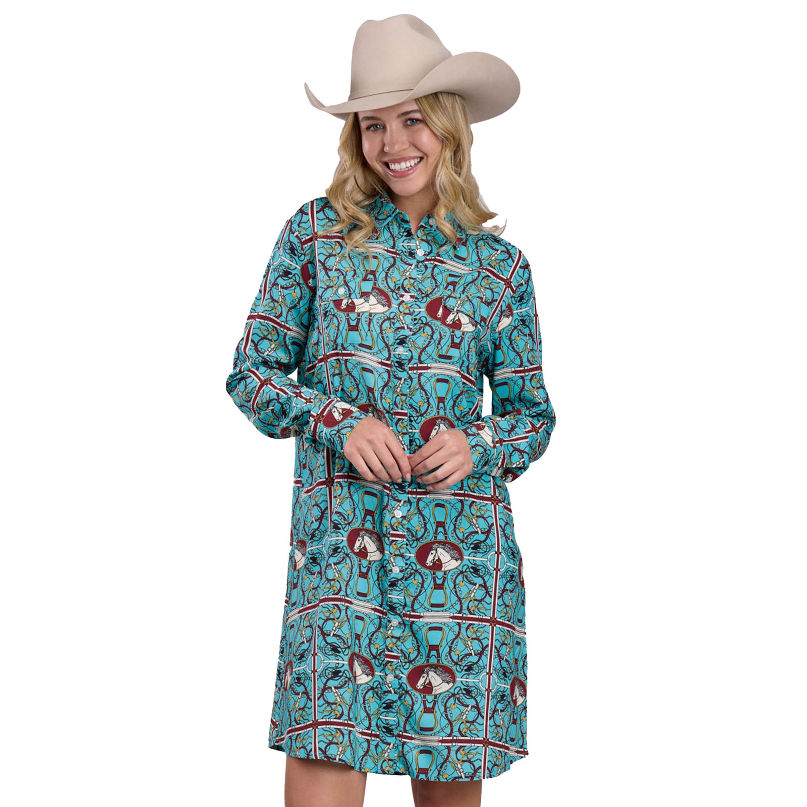 Roper Women's Five Star Collection Print DressWoman wearing a patterned dress with a cowboy hat on a white background 