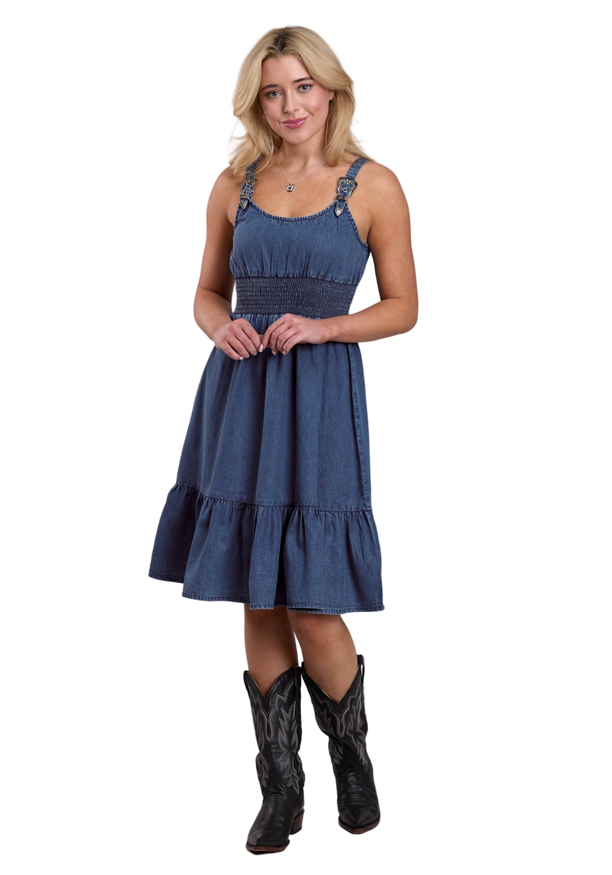 Roper Women's Five Star Collection Dress. Woman wearing a blue dress and black cowboy boots on a gray background