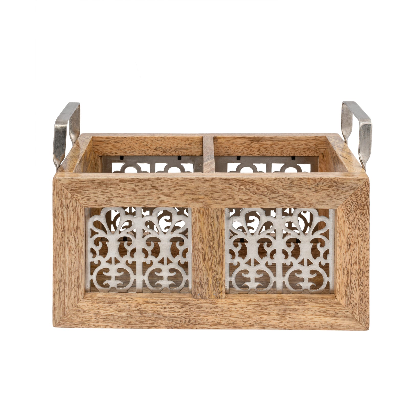 Handcrafted Mango Wood Cutlery Storage. Wooden basket with metal handles and decorative cut-out patterns on a white background