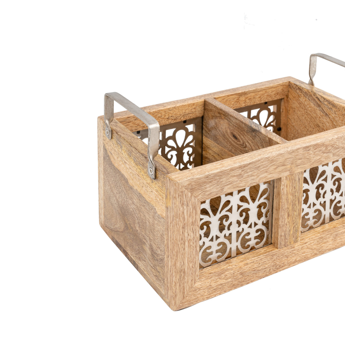 Handcrafted Mango Wood Cutlery Storage. Wooden storage basket with metal handles and decorative cut-out design on a white background