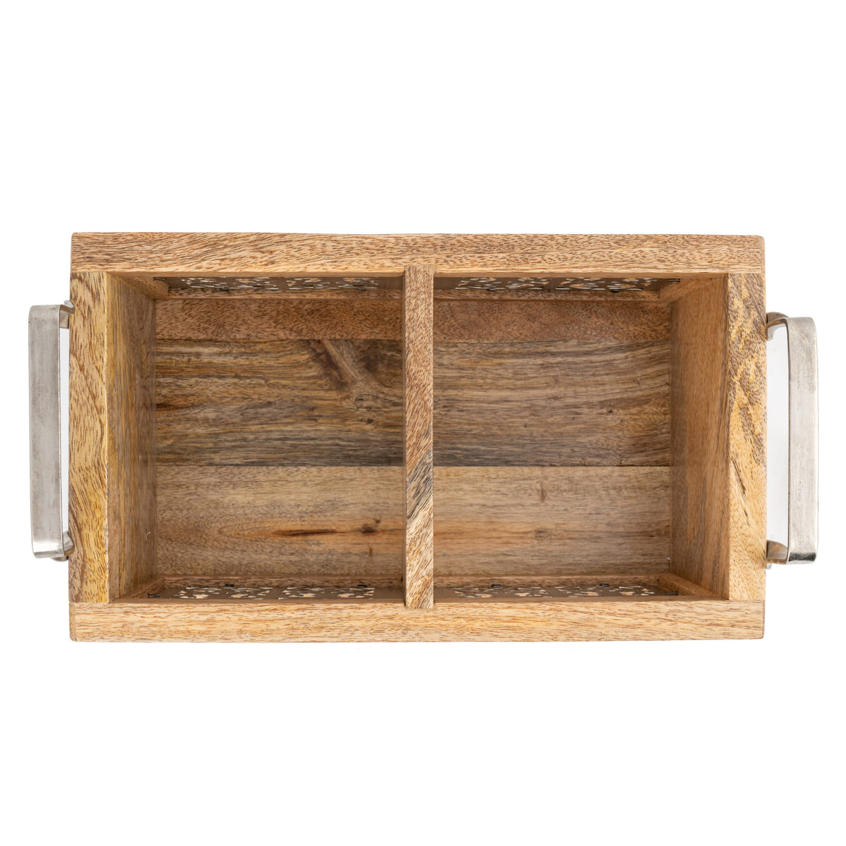 Handcrafted Mango Wood Cutlery Storage. Wooden crate with metal handles on a white background