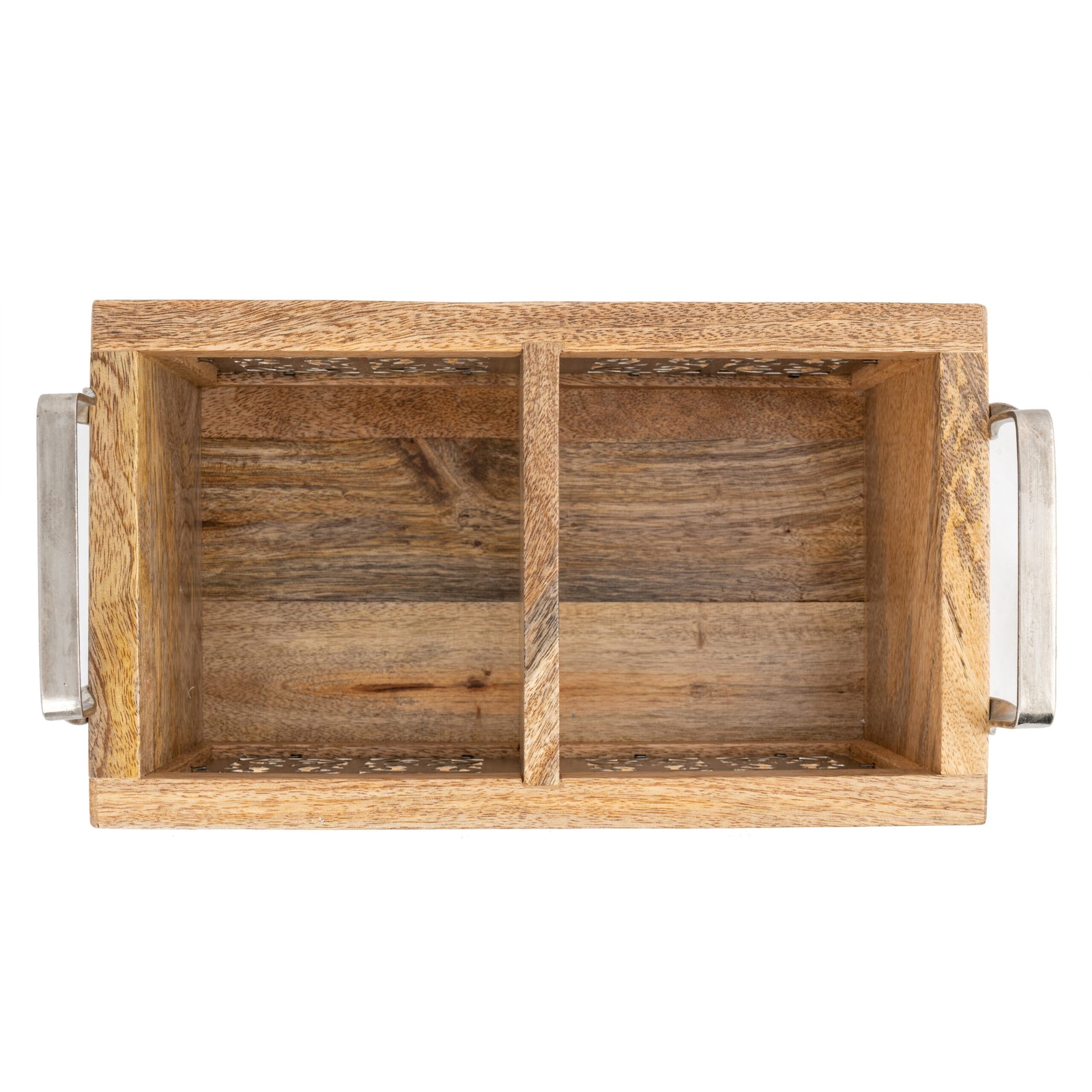 Handcrafted Mango Wood Cutlery Storage. Wooden crate with metal handles on a white background