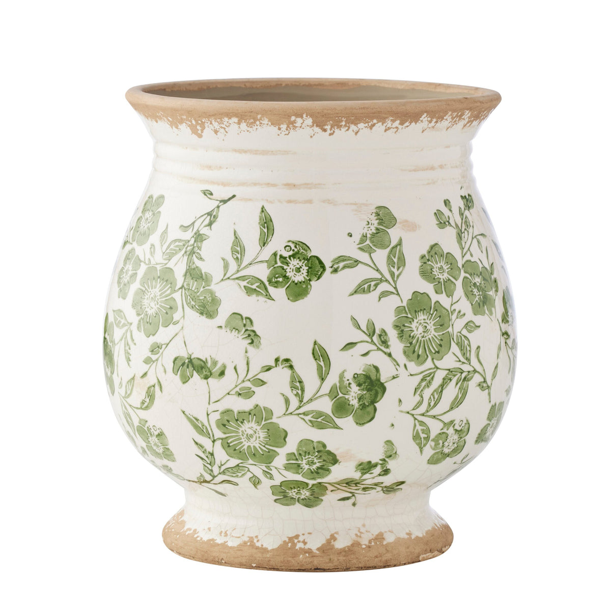 Ceramic vase with green floral patterns on a white background
