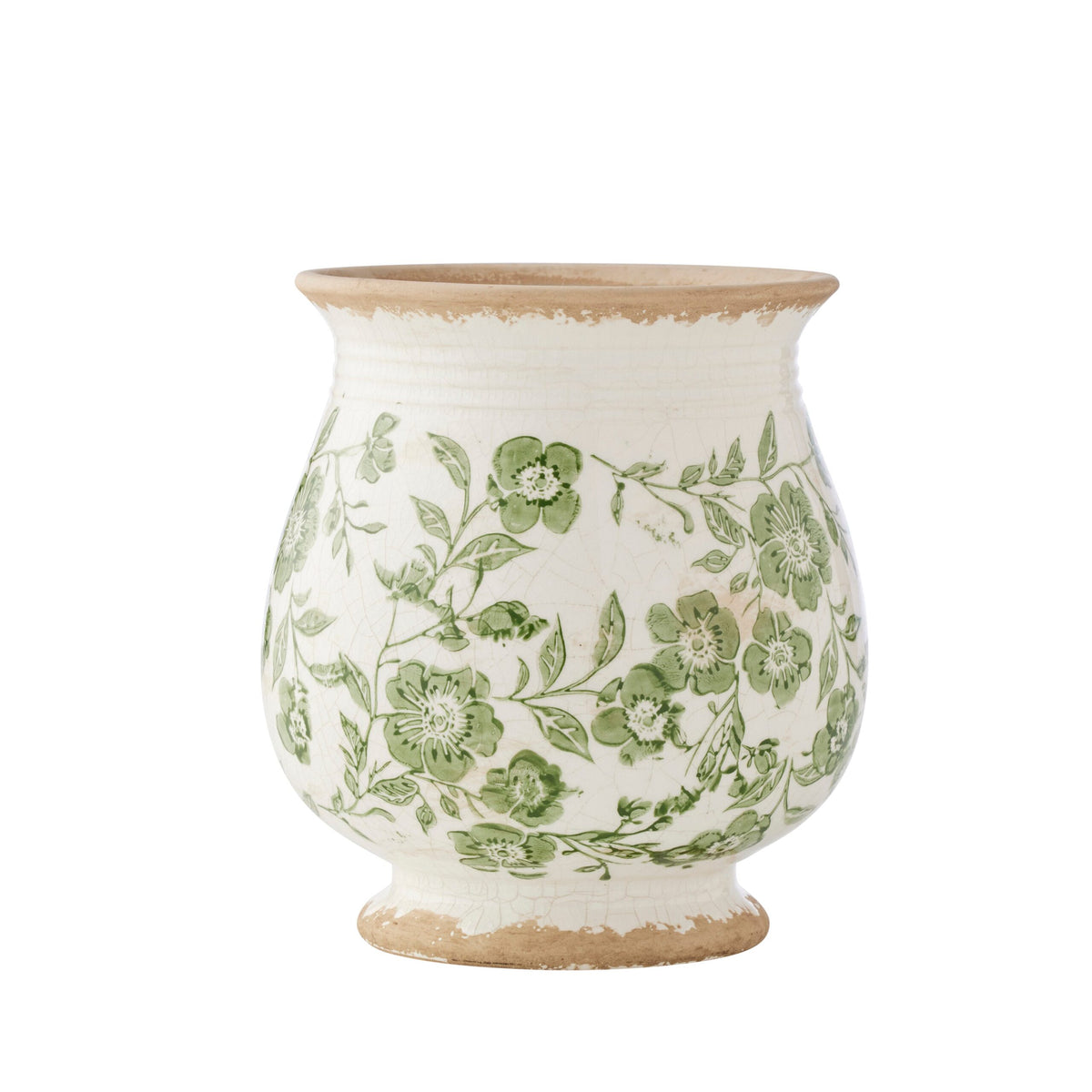 Ceramic vase with green floral pattern on a white background