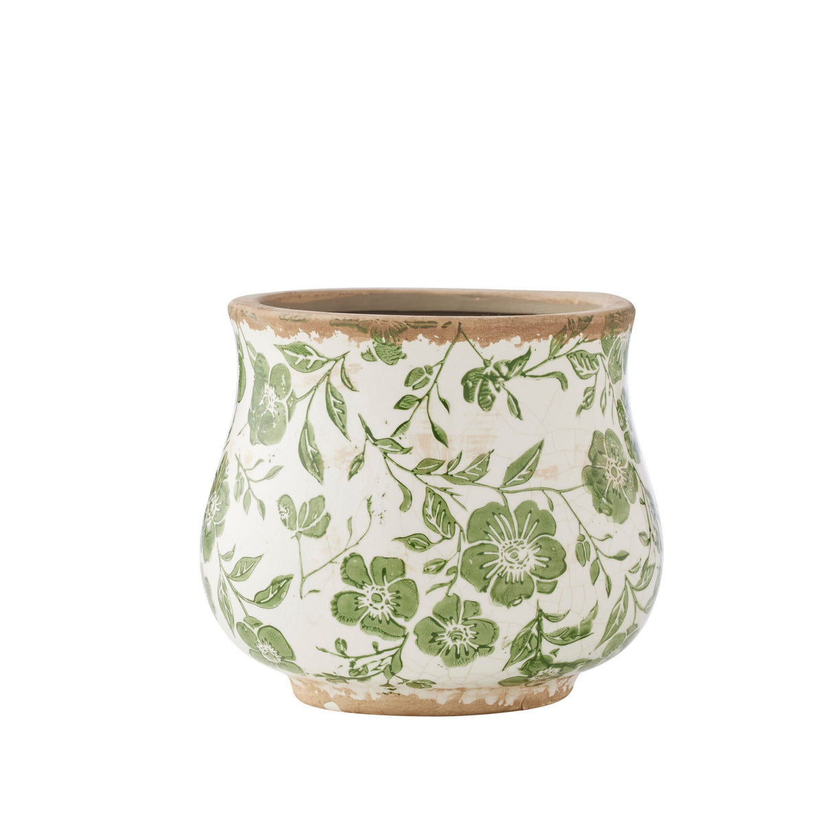 Ceramic pot with green floral pattern on a white background