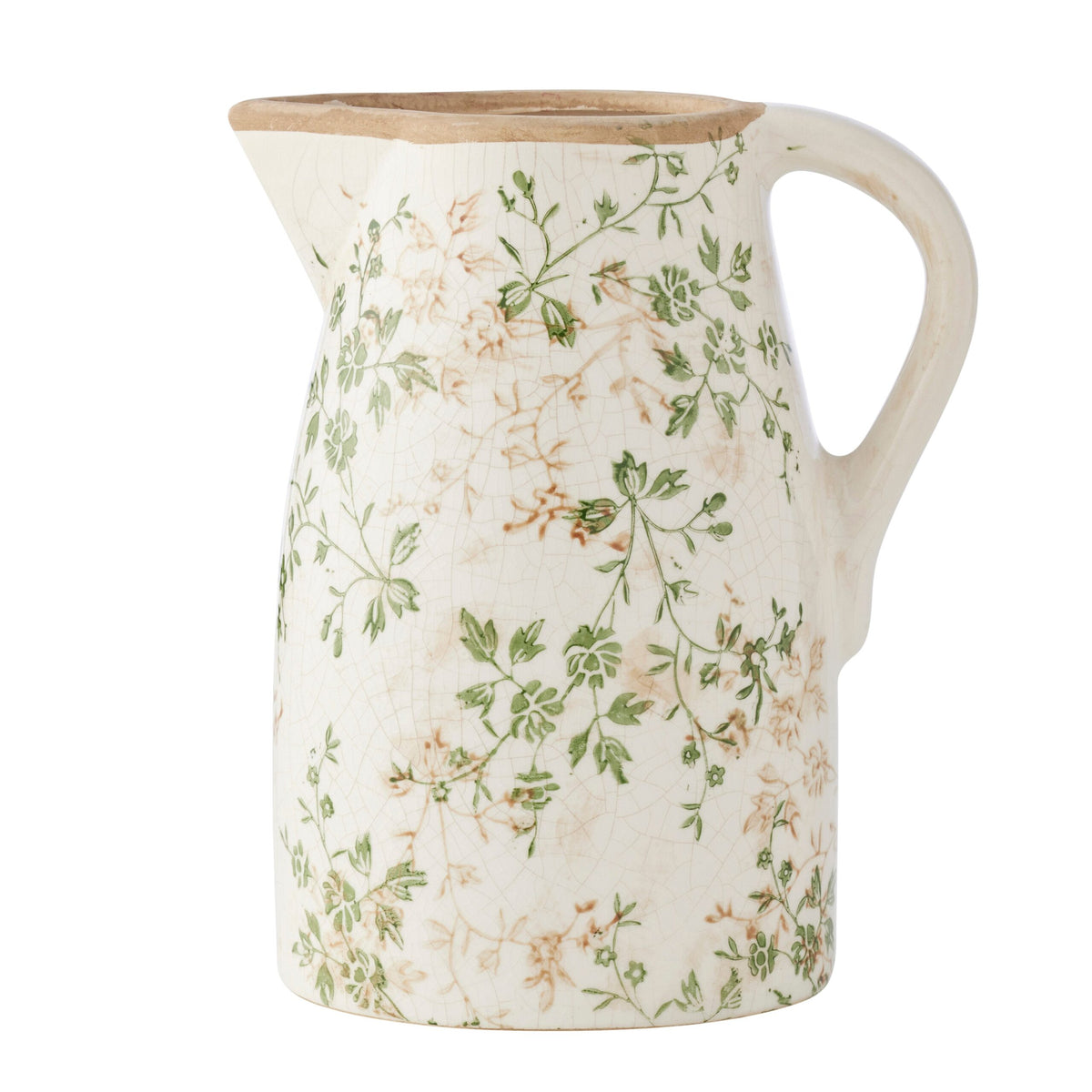 Ceramic pitcher with floral pattern on a white background