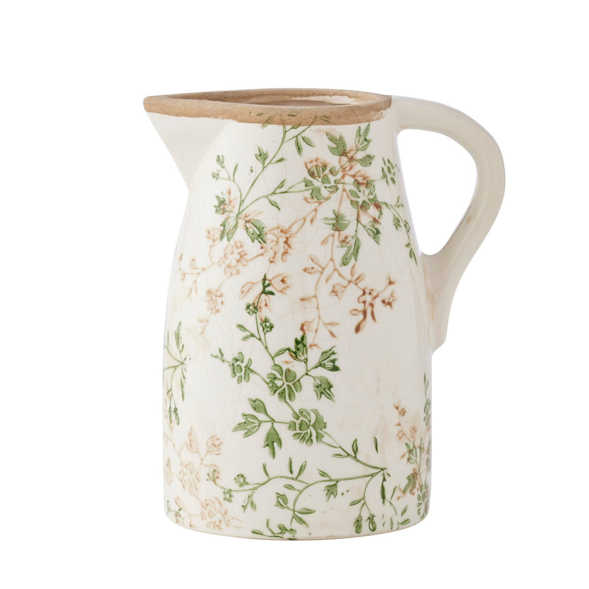 Ceramic pitcher with floral pattern on a white background
