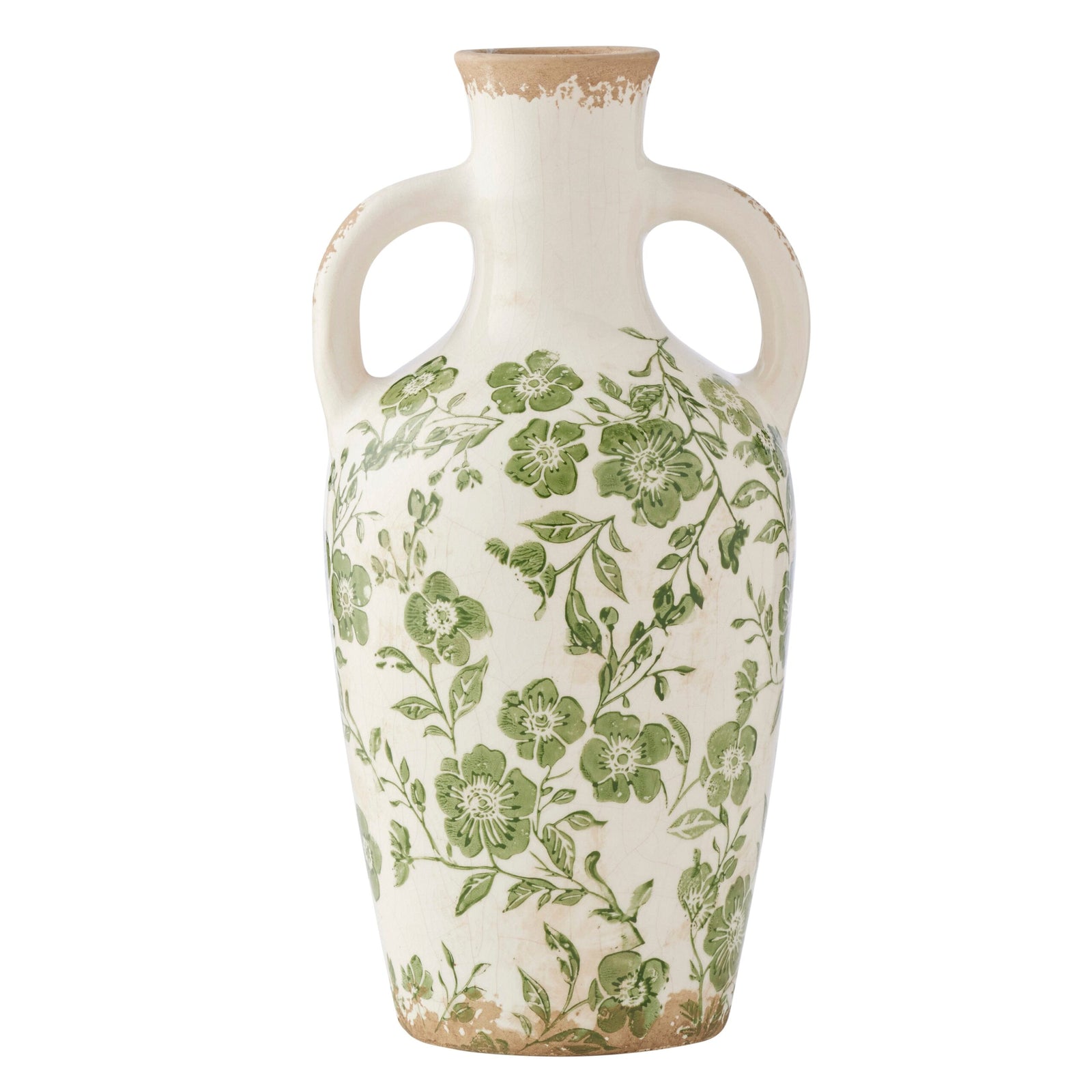 Vase with green floral pattern on a white background