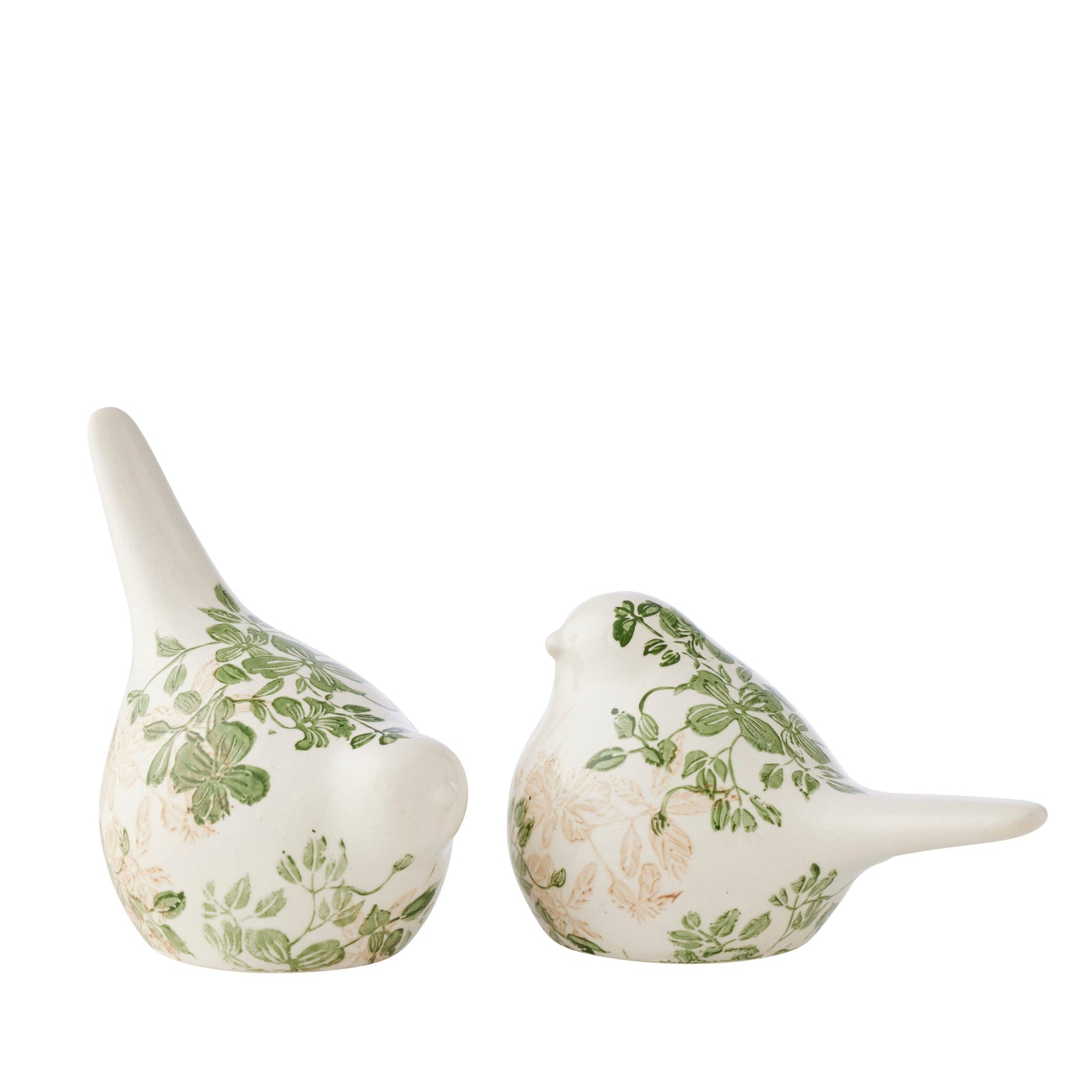 Two ceramic bird figurines with green floral patterns on a white background