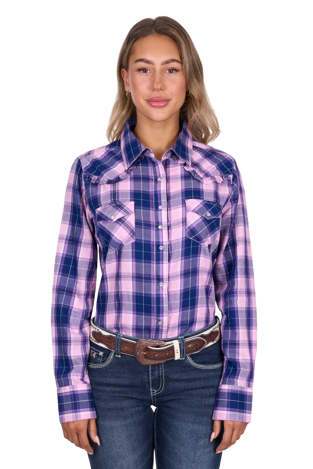 Woman wearing a purple and blue plaid shirt with jeans on a white background