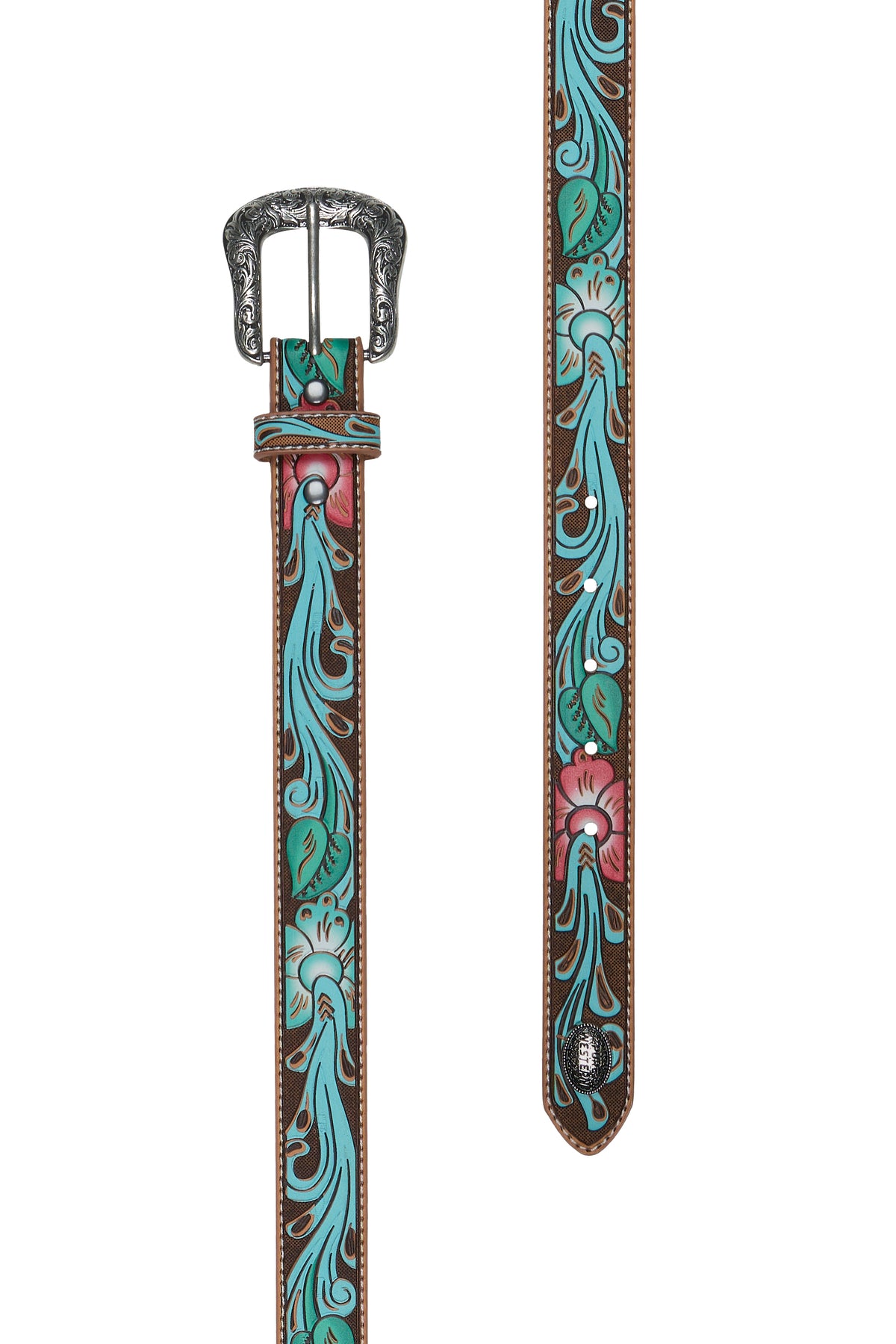 Decorative belt with intricate turquoise and brown patterns on a white background