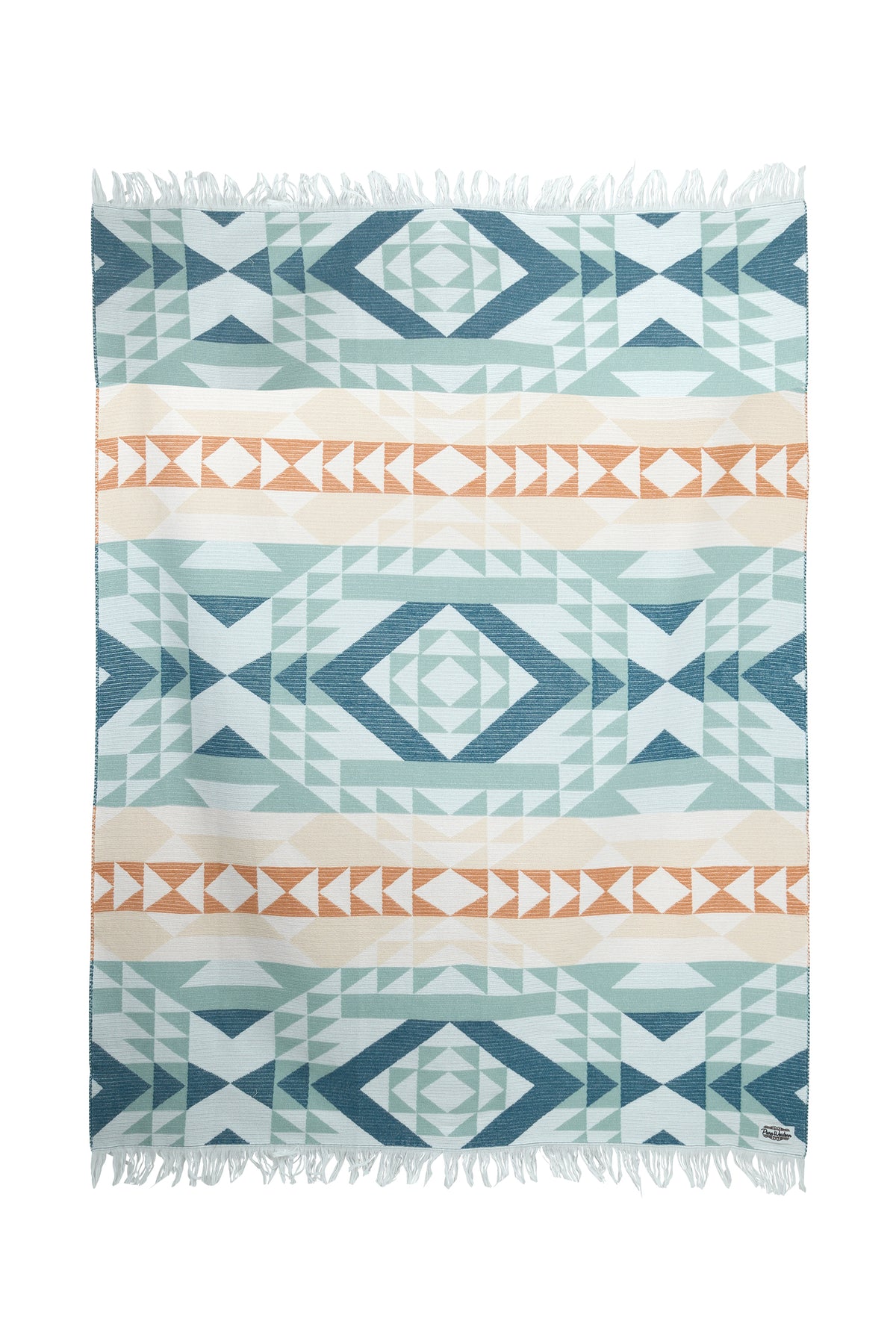 Geometric patterned rug with blue, green, and beige colors on a white background