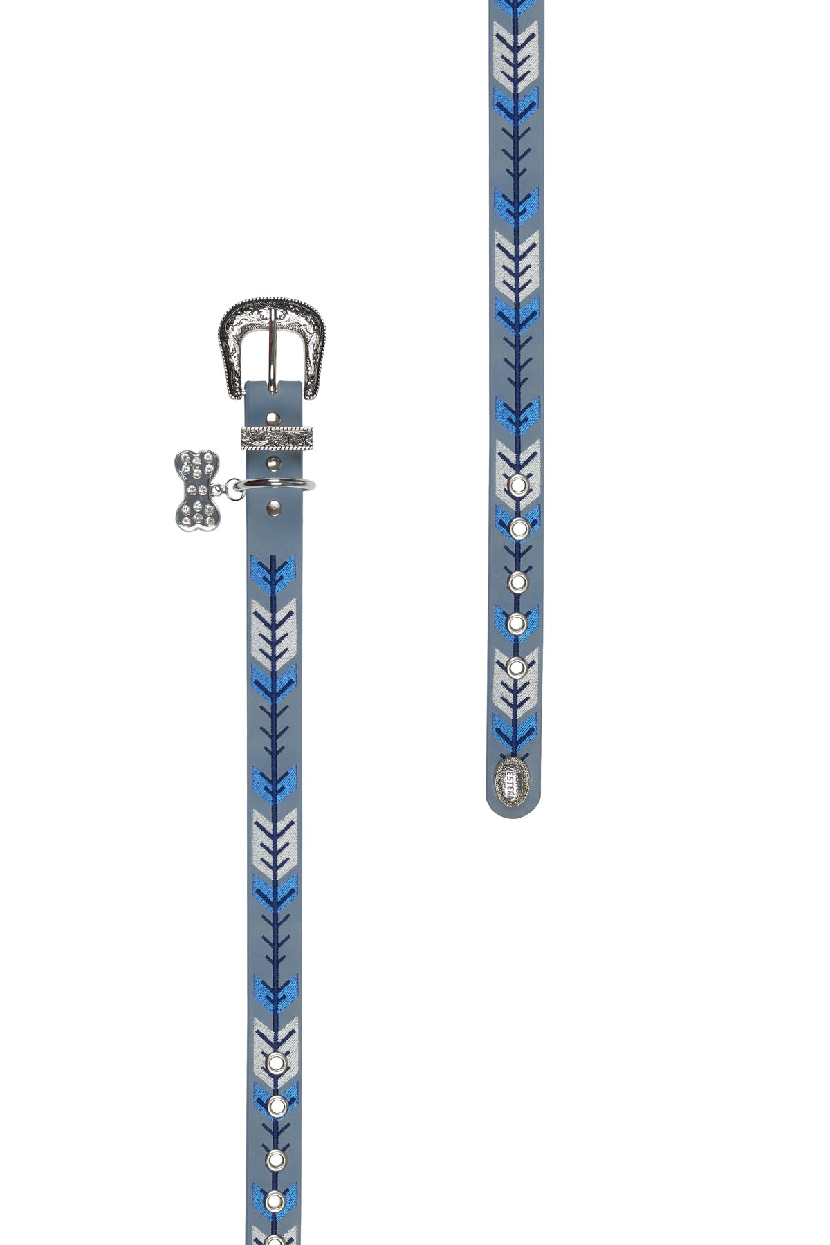 Dog collar with blue and gray pattern on a white background