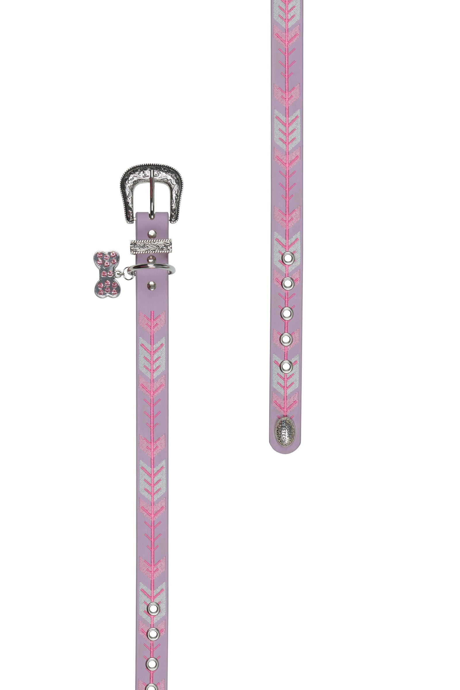 Pink dog collar with decorative elements on a white background