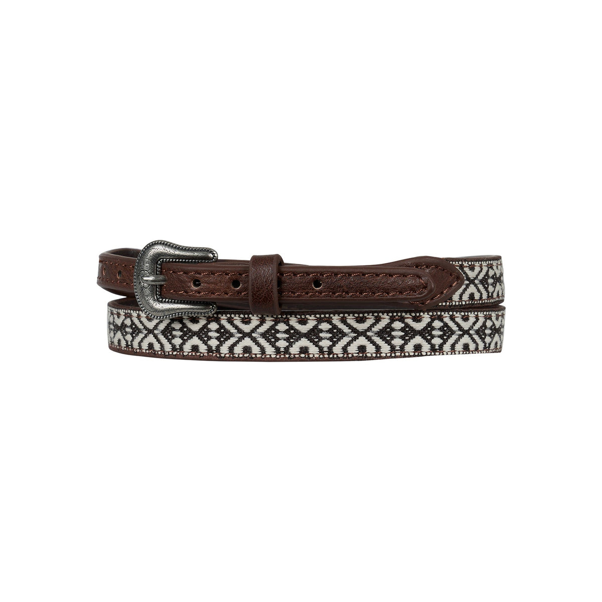 Woven belt with a brown leather buckle on a white background