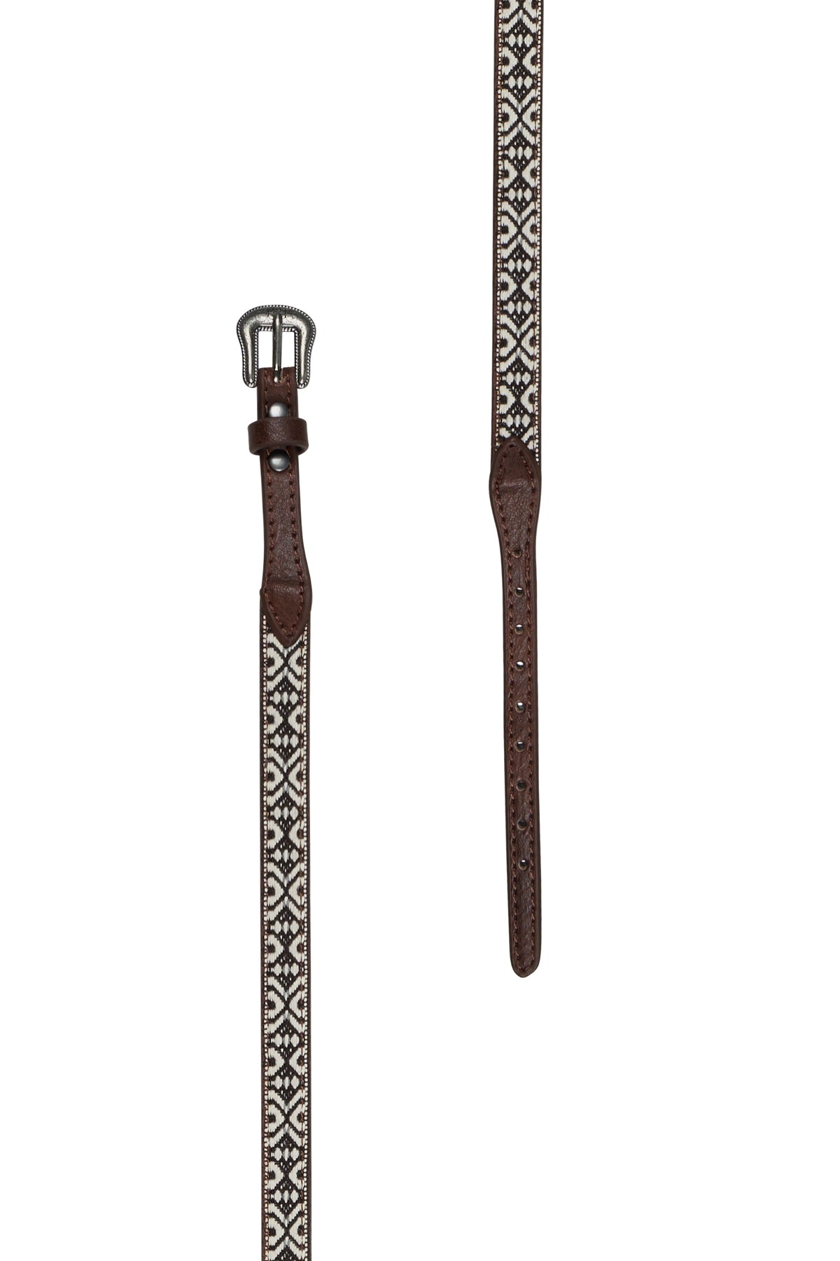 Two brown leather belts with intricate patterns on a white background