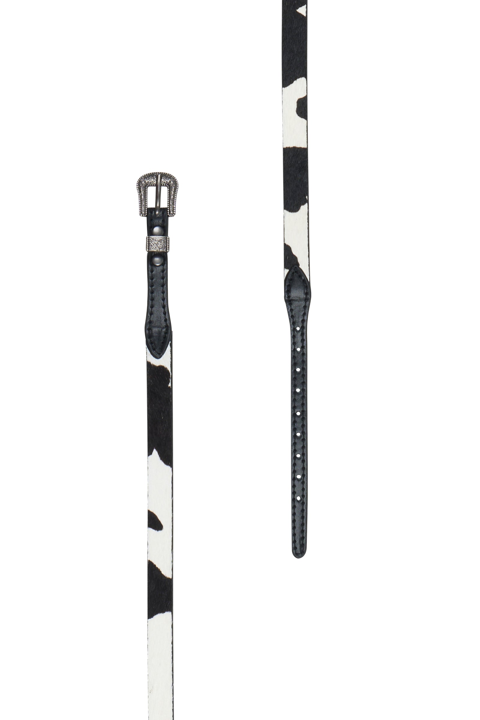 Black and white patterned belt with a silver buckle on a white background