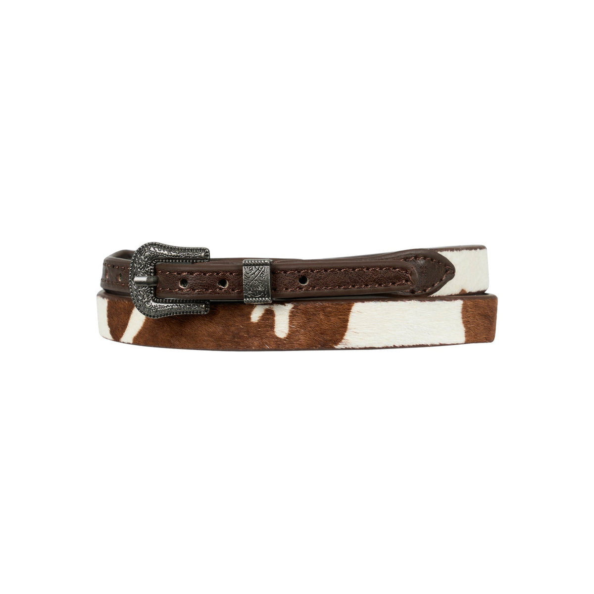 Brown and white cowhide belt with a black buckle on a white background