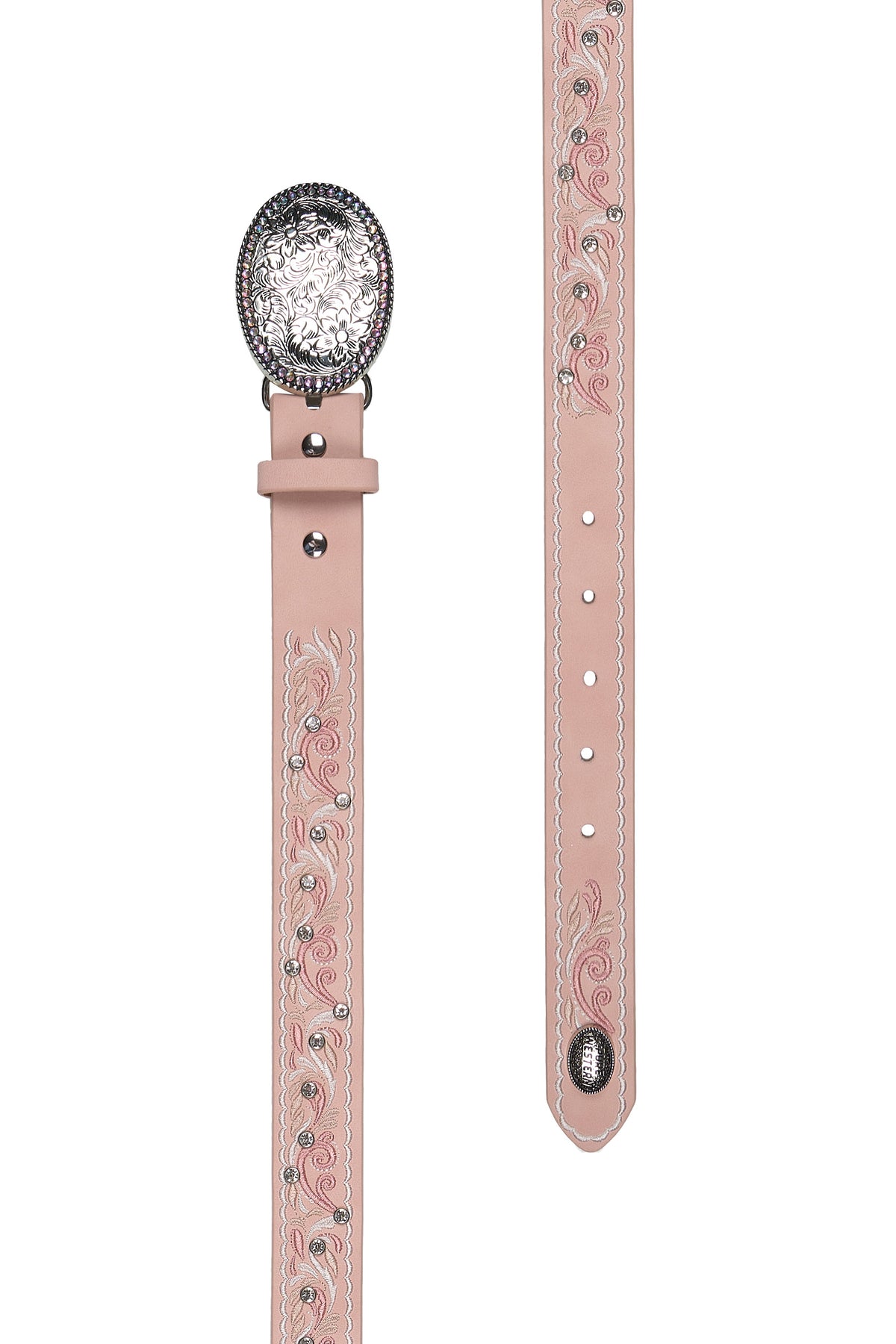 Pink leather belt with decorative buckle on a white background