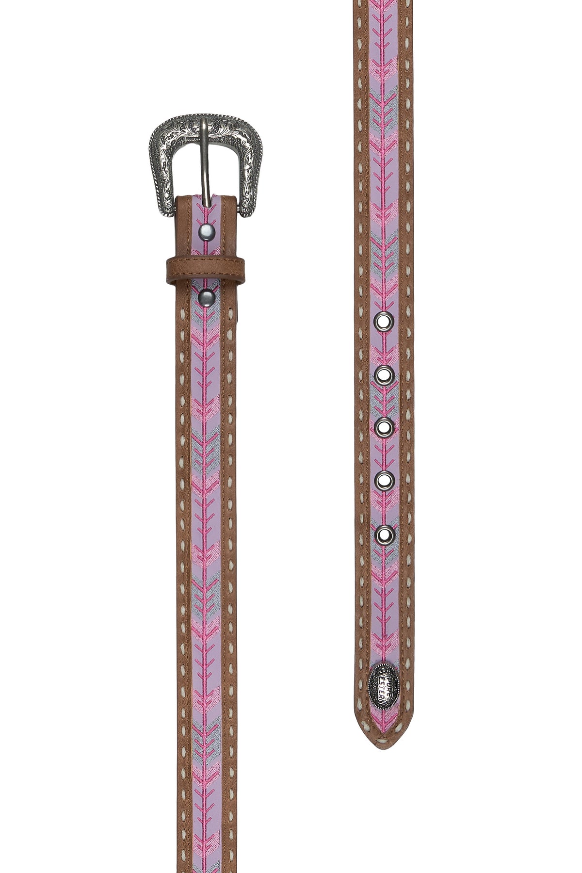 Pink and brown belt with decorative pattern on a white background