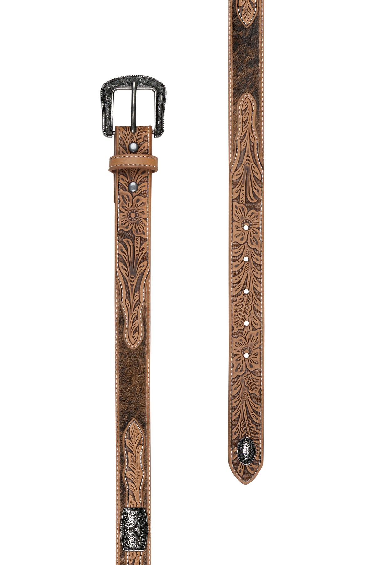 Brown leather belt with intricate patterns on a white background