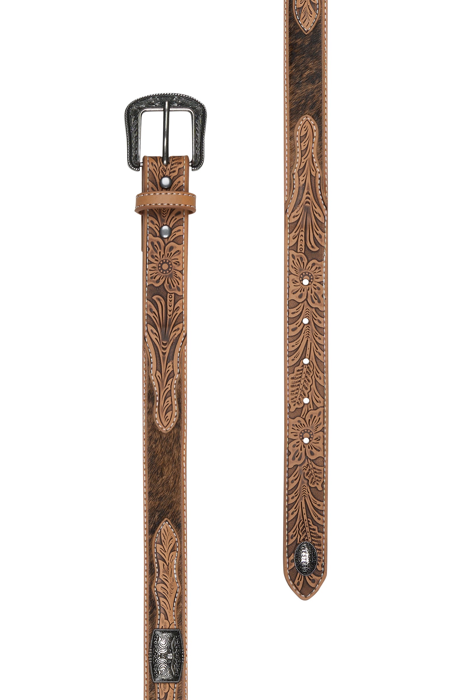 Brown leather belt with intricate designs and a black buckle on a white background