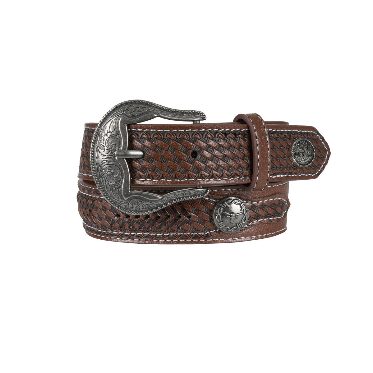 Brown leather belt with silver buckle on a white background