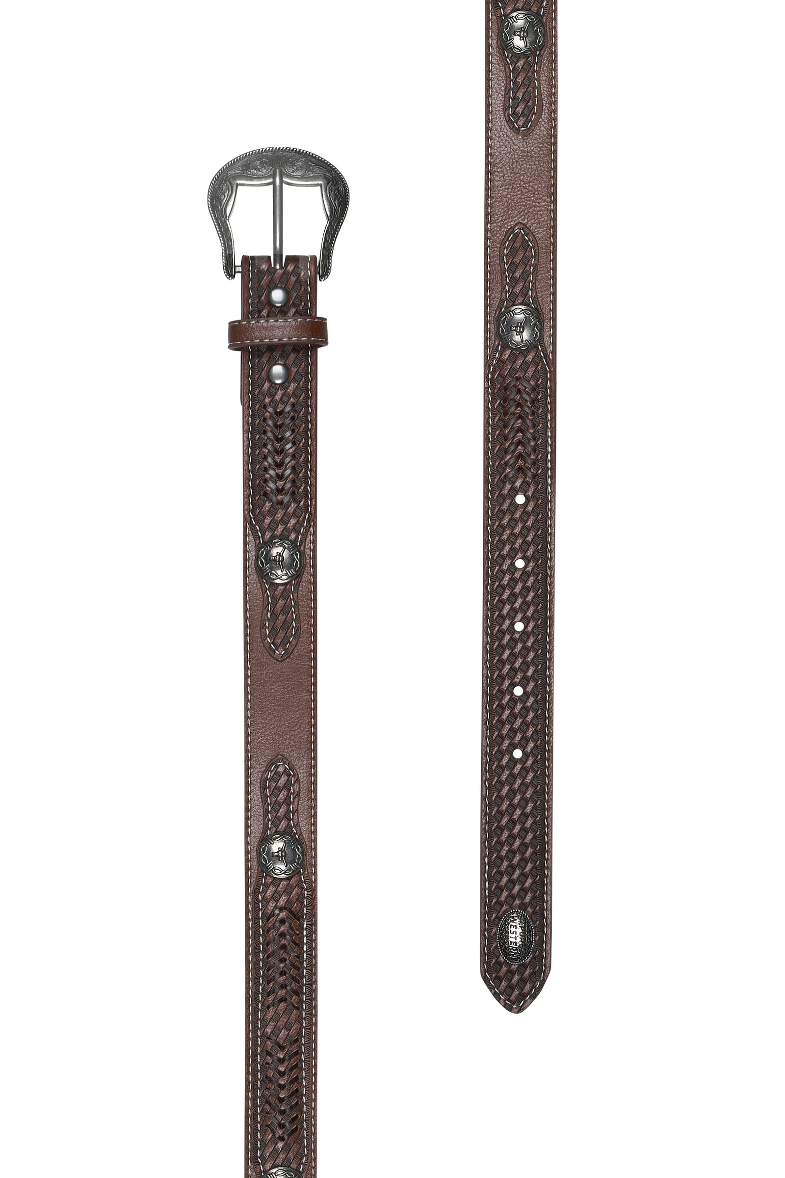 Brown leather belt with silver buckle on a white background