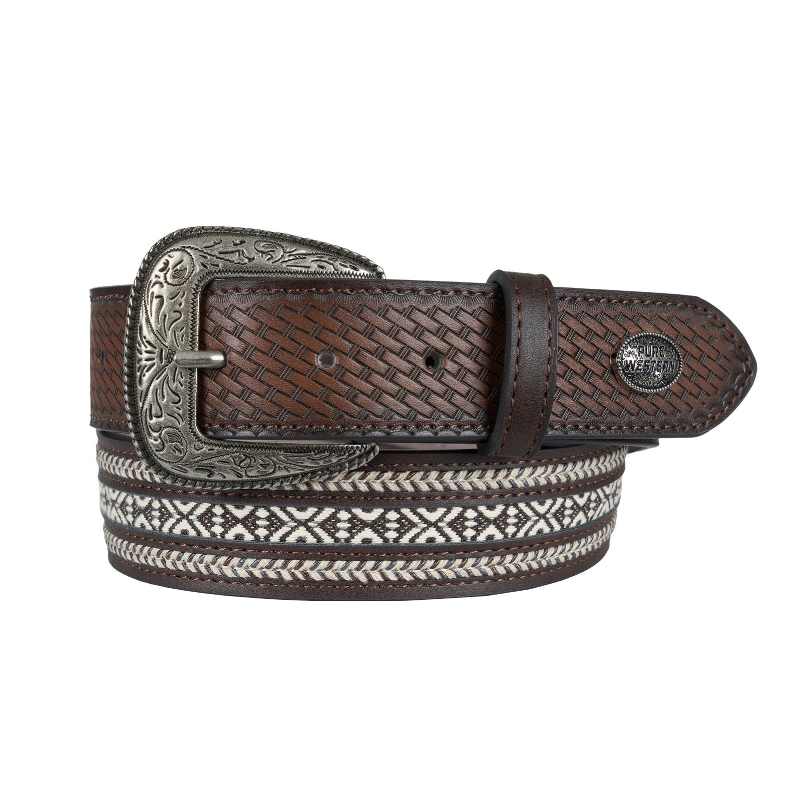 Brown leather belt with decorative buckle and patterned strap on a white background
