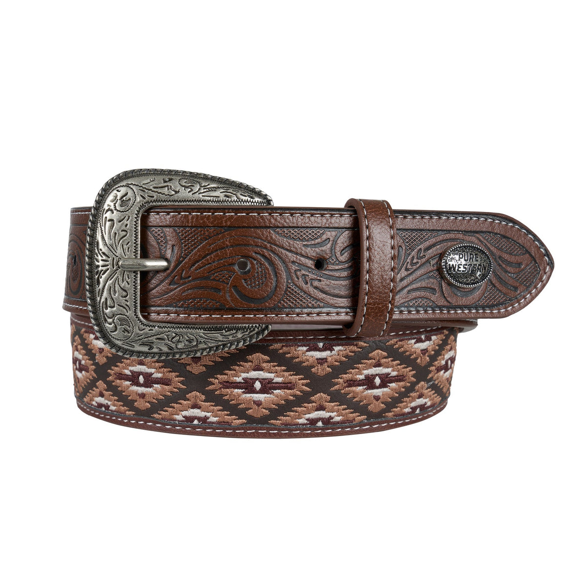 Brown leather belt with intricate design and silver buckle on a white background