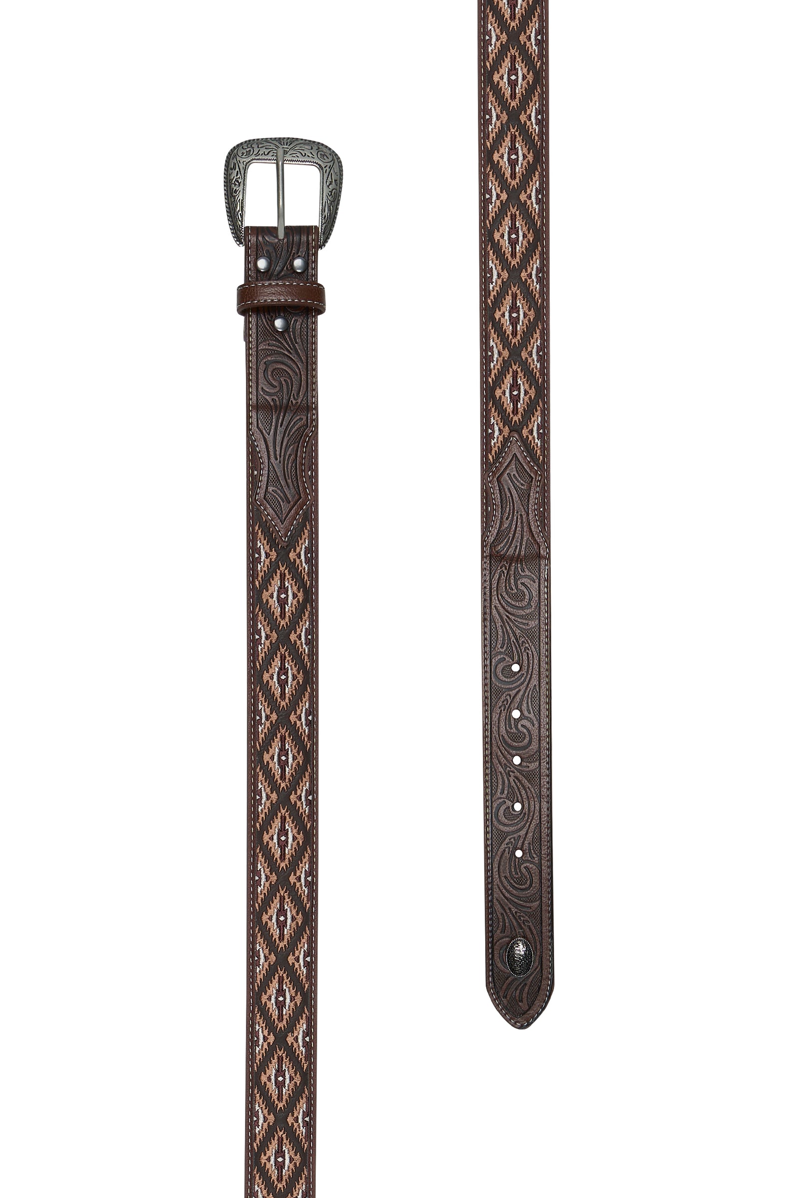 Brown leather belt with intricate design and silver buckle on a white background