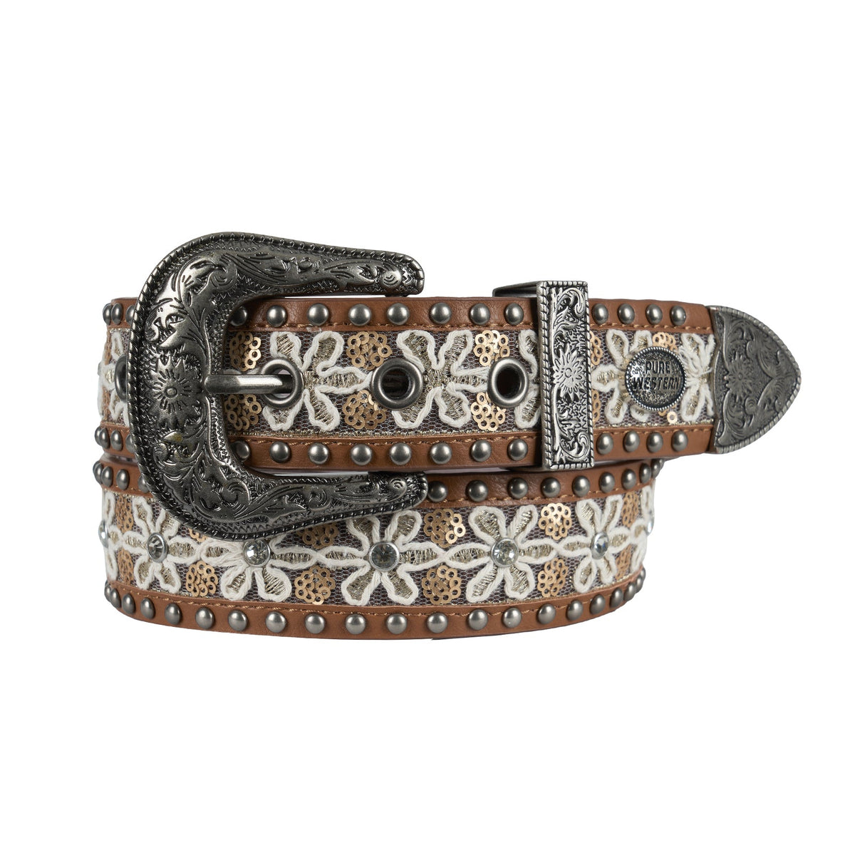 Decorative belt with floral patterns and metallic accents on a white background