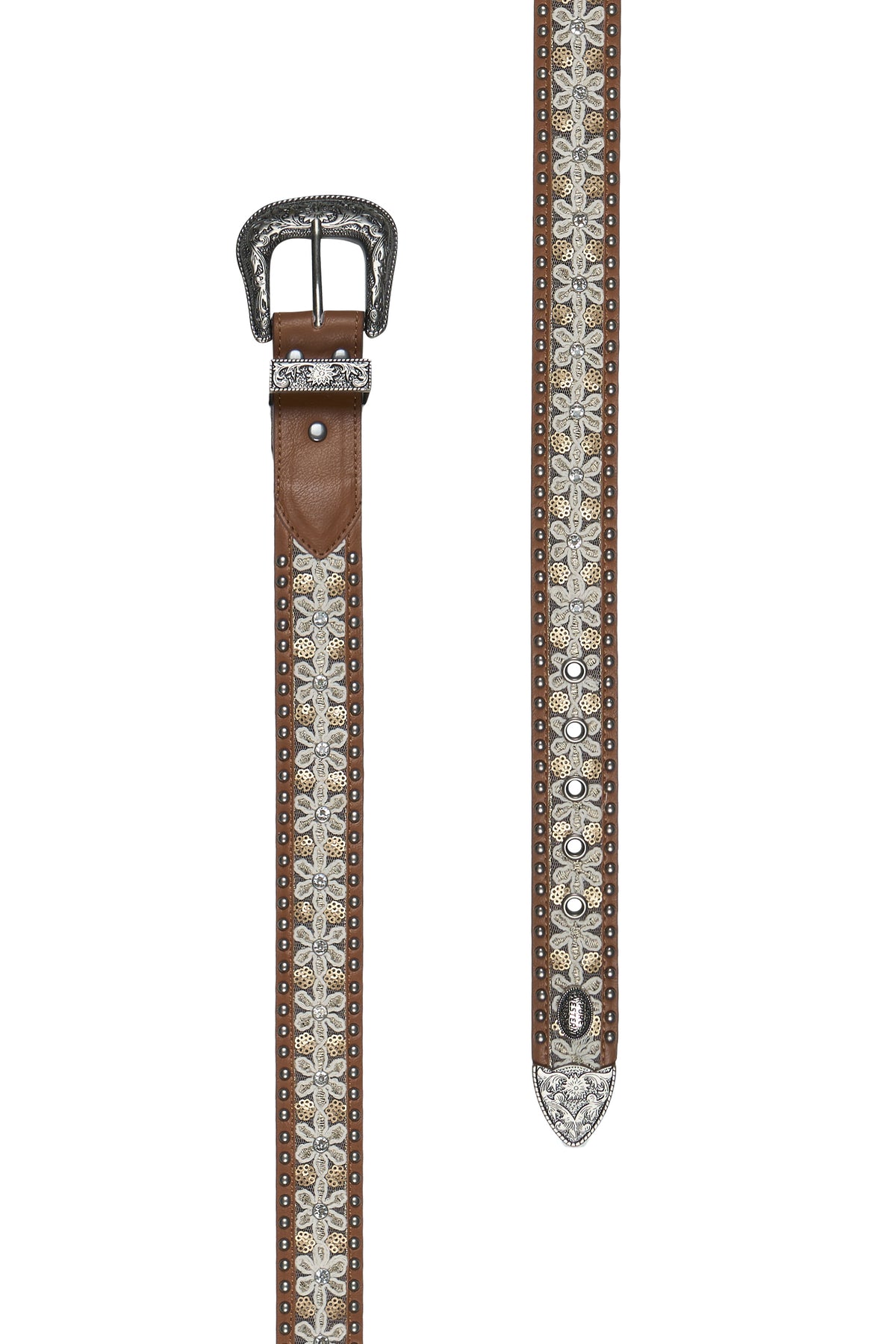 Brown belt with decorative silver buckle and patterned strap on a white background