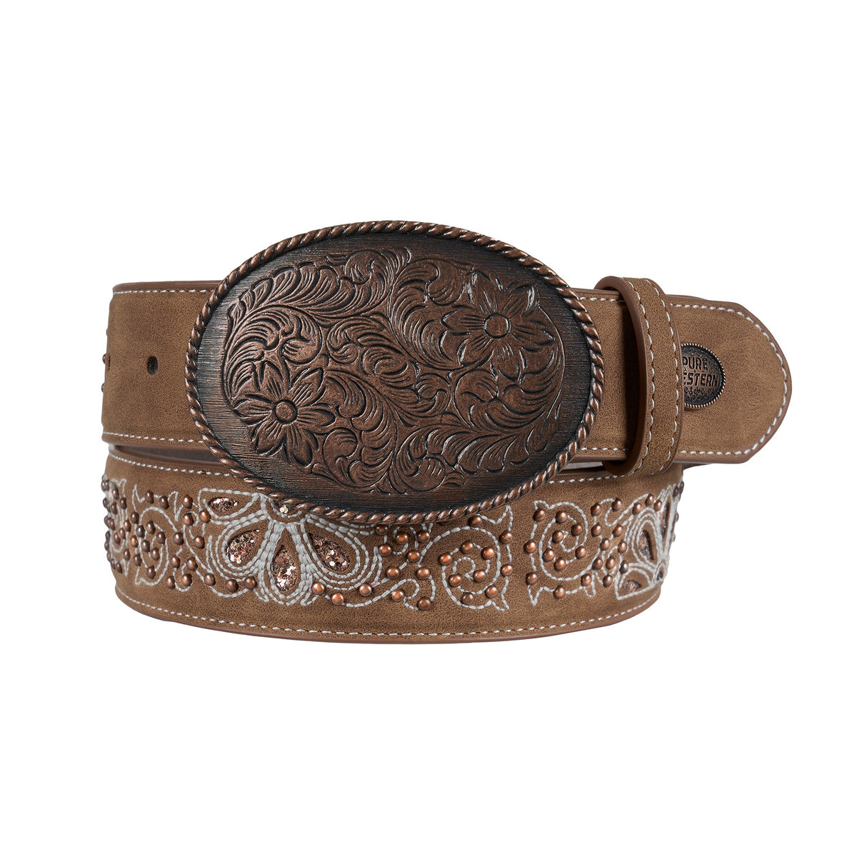 Brown leather belt with intricate designs on a white background