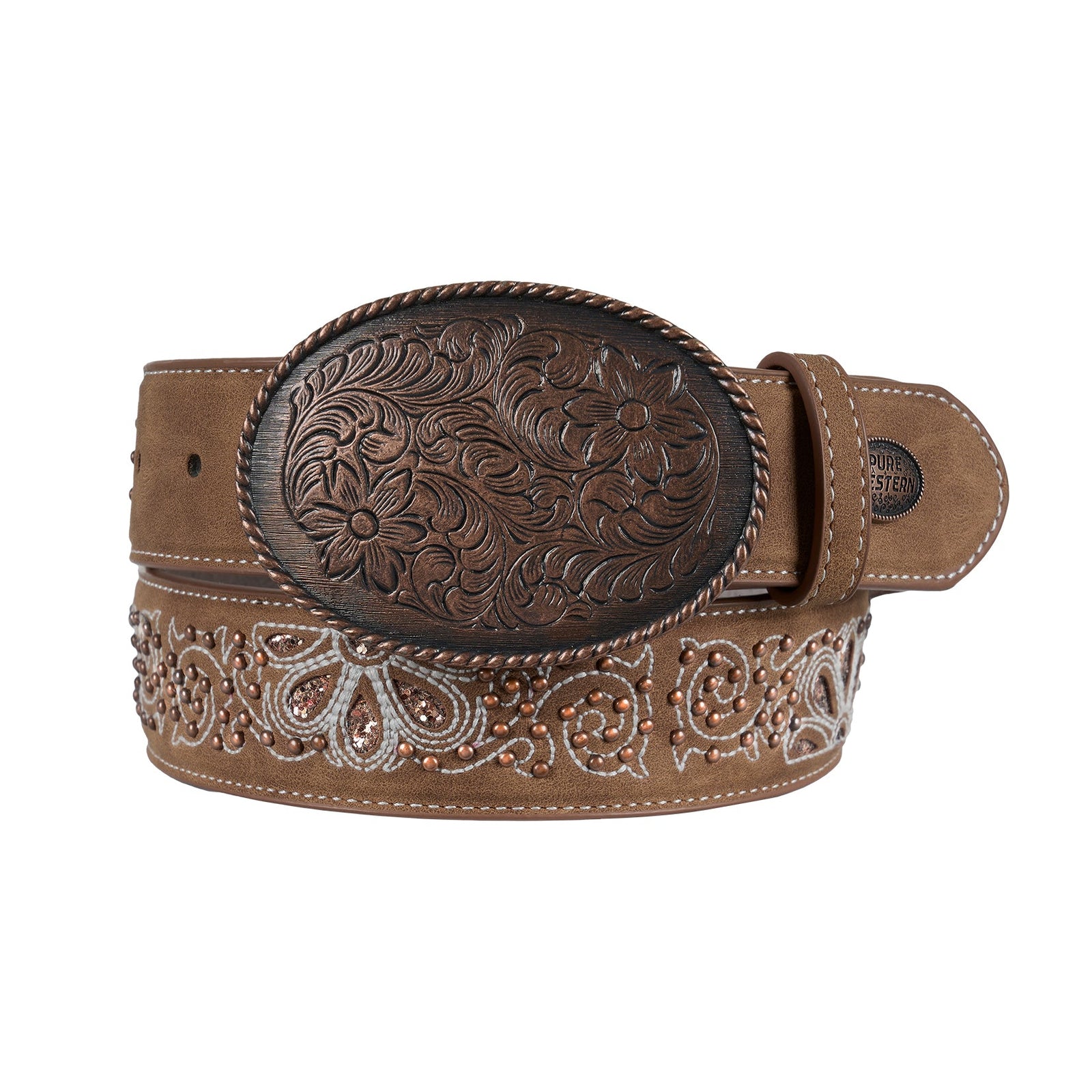 Brown leather belt with intricate designs on a white background
