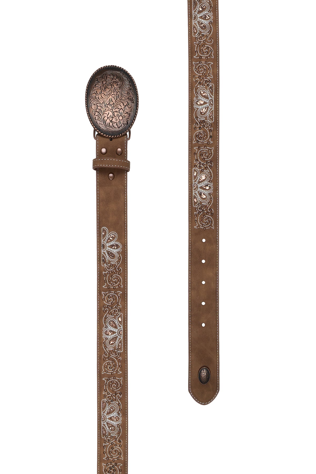 Brown leather belt with intricate silver designs on a white background