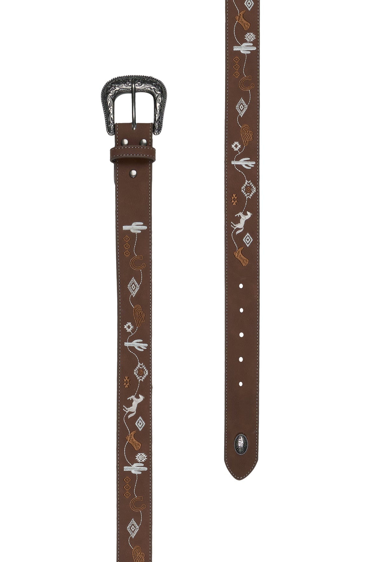 Brown leather belt with decorative patterns on a white background