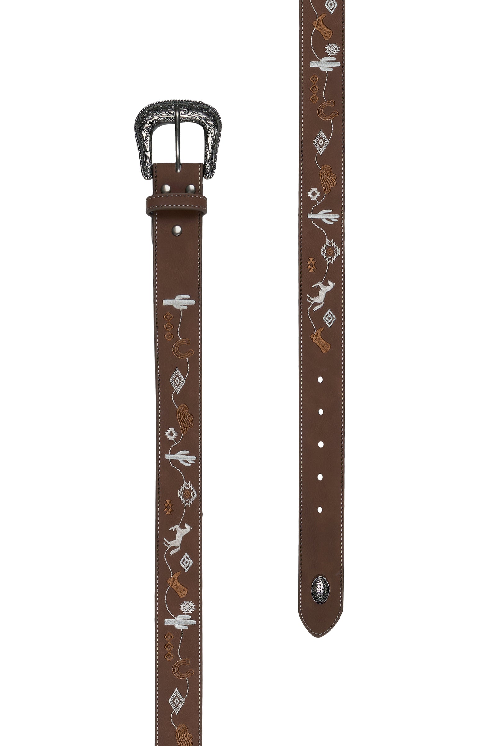 Brown leather belt with embroidered design and decorative buckle on a white background