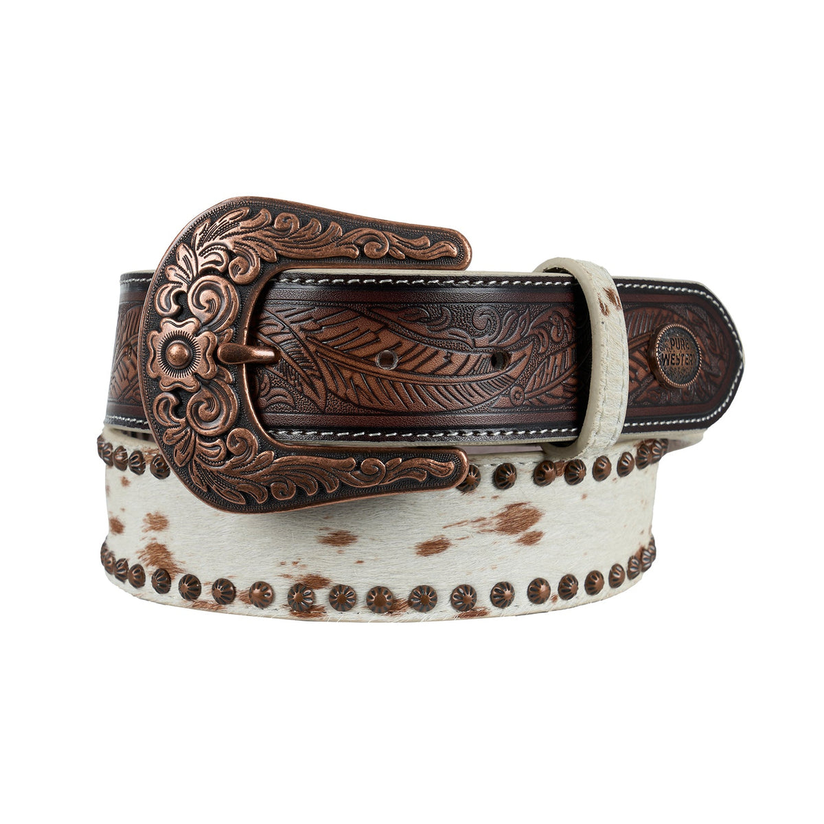 White belt with brown speckles and an ornate brown buckle on a white background