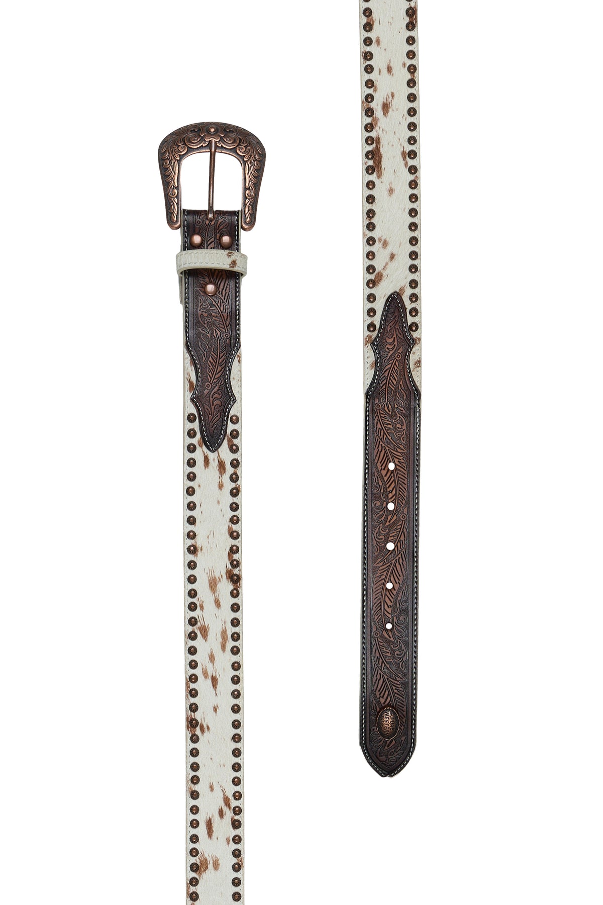 Brown leather belt with white speckled pattern on a white background
