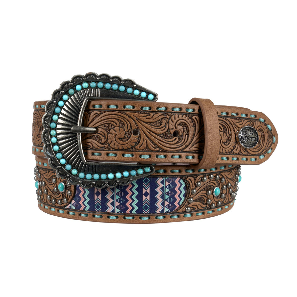 Brown leather belt with intricate design and turquoise stones on a white background