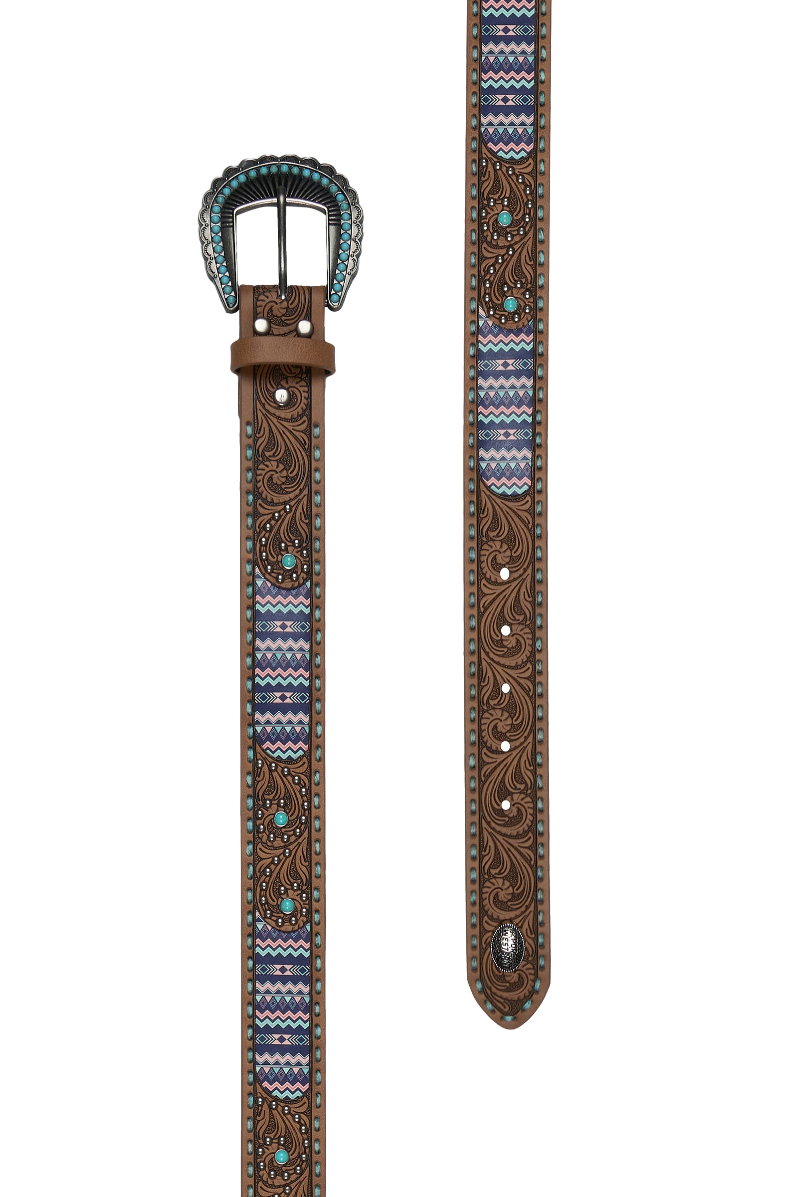 Brown leather belt with intricate design and turquoise stones on a white background