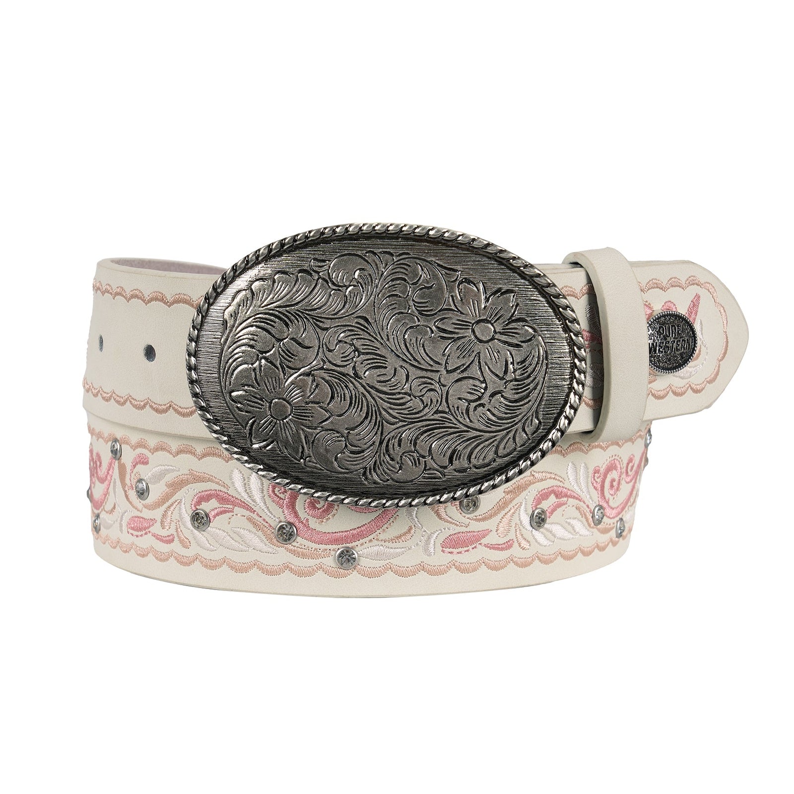 Decorative belt with floral pattern and large silver buckle on a white background