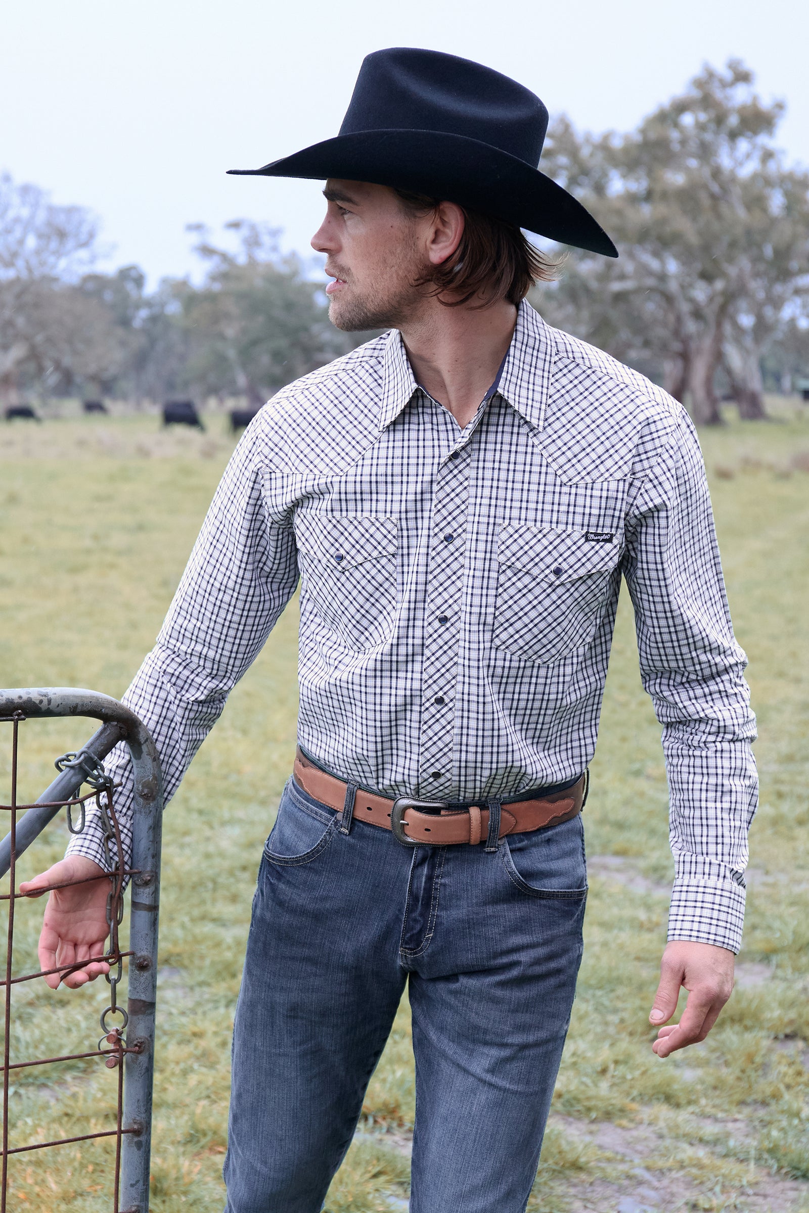 Man wearing a checkered shirt, jeans, and a cowboy hat standing in a field with a gate.