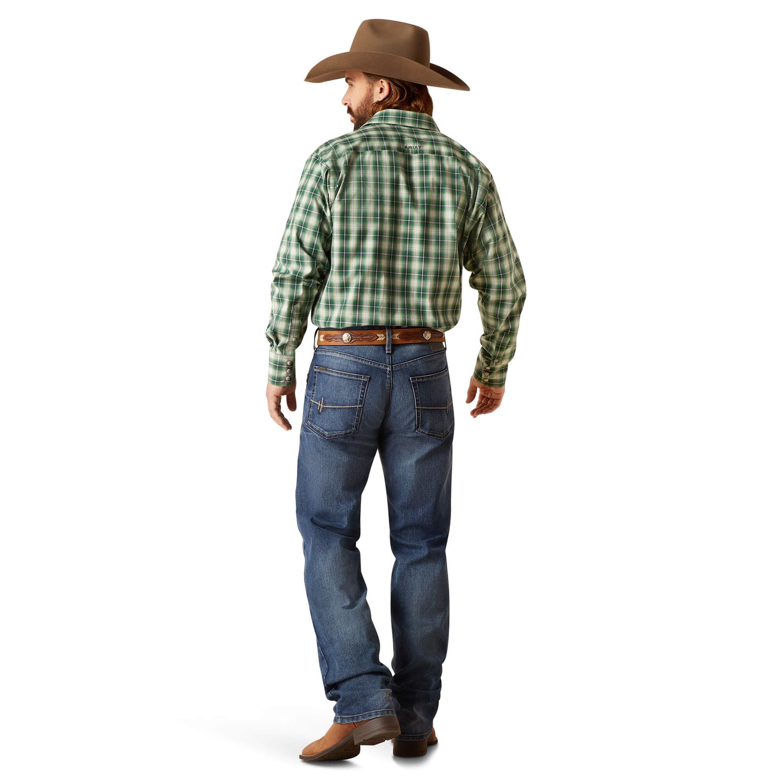 Ariat Men's M5 Romans Straight Leg Jean. A man wearing Ariat Men's M5 Romans Straight Leg Jean, a checkered shirt, and brown boots.