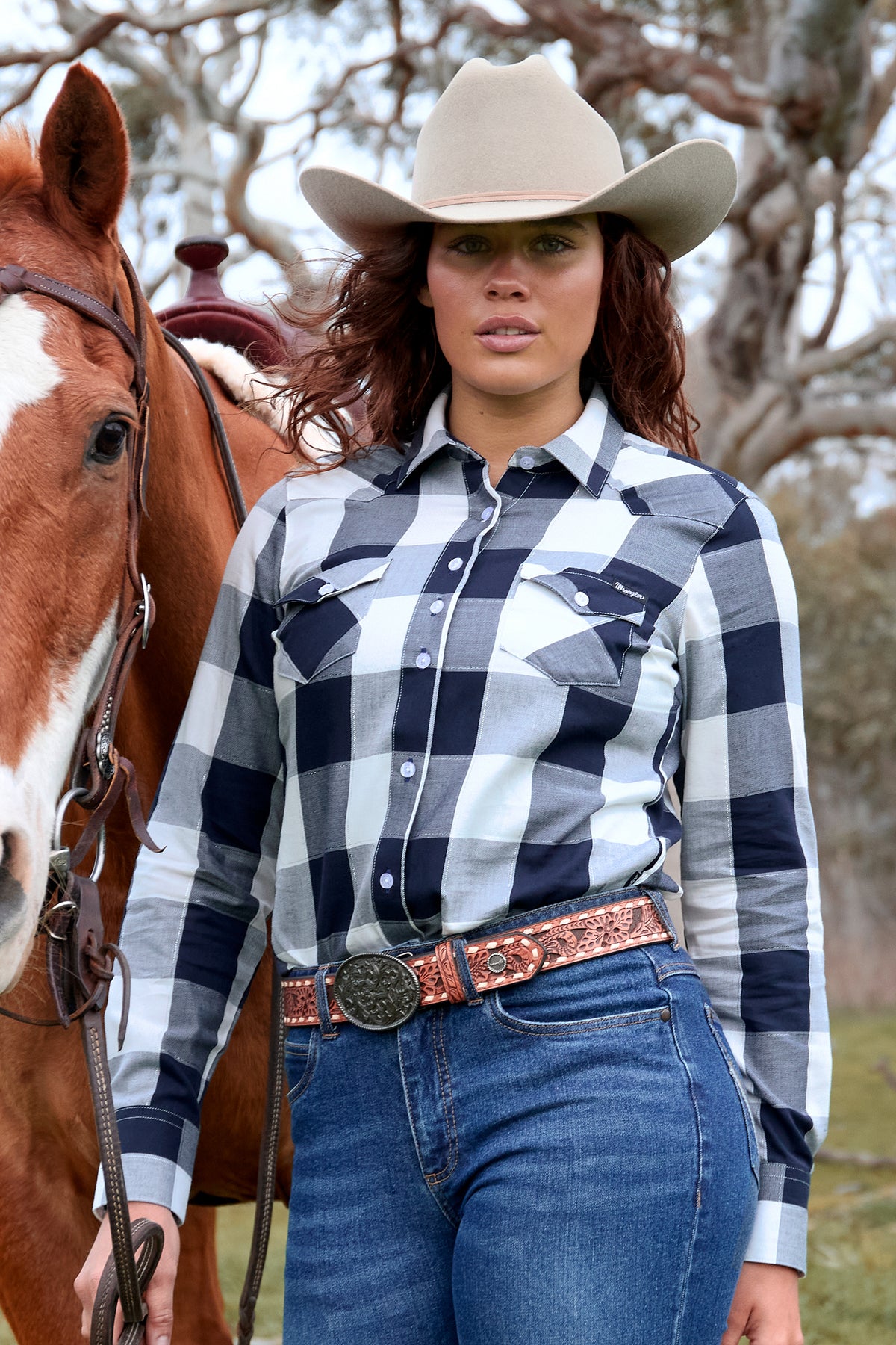 Woman in cowboy hat and plaid shirt standing next to a horse outdoors.