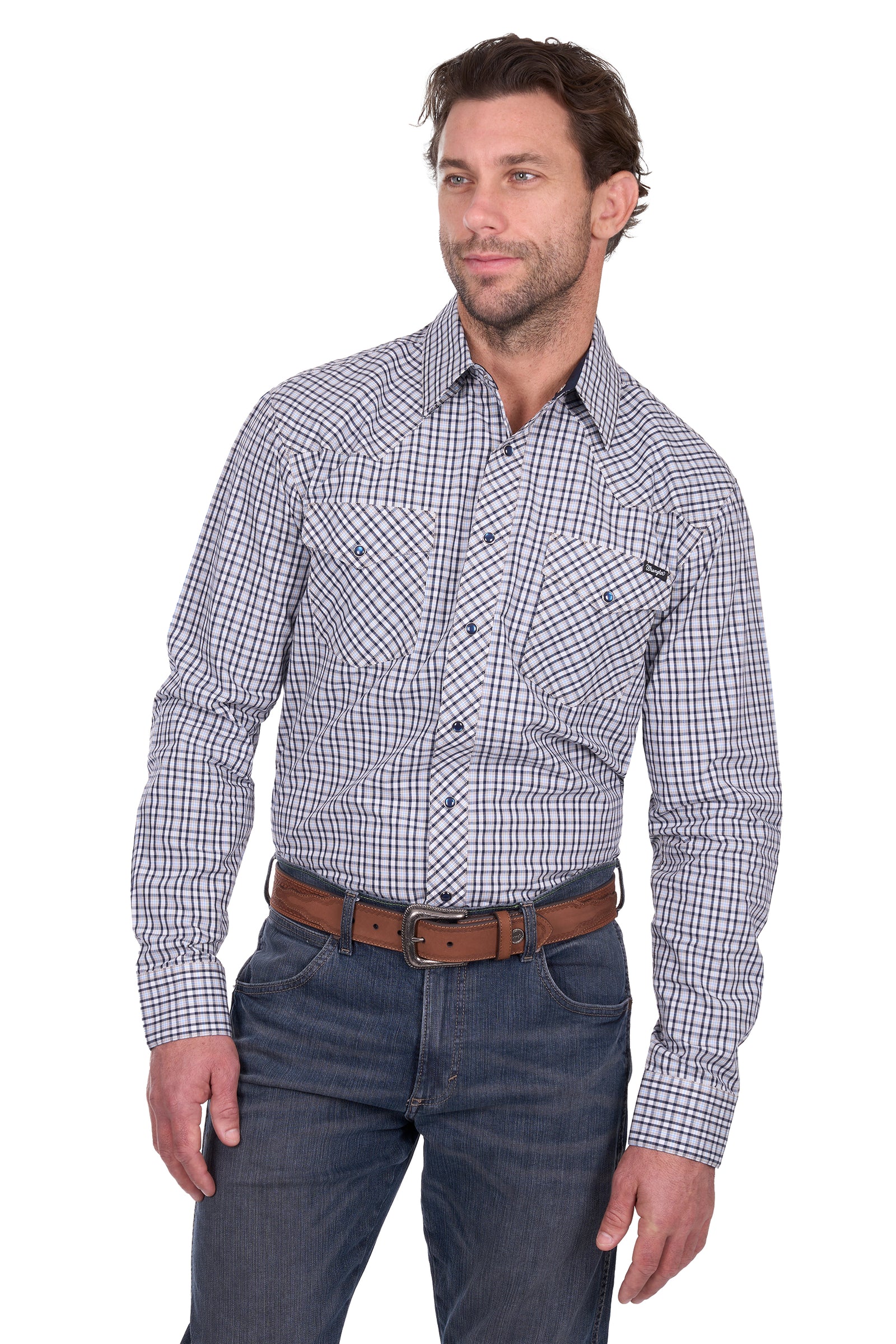 Man wearing a checkered shirt and jeans on a white background