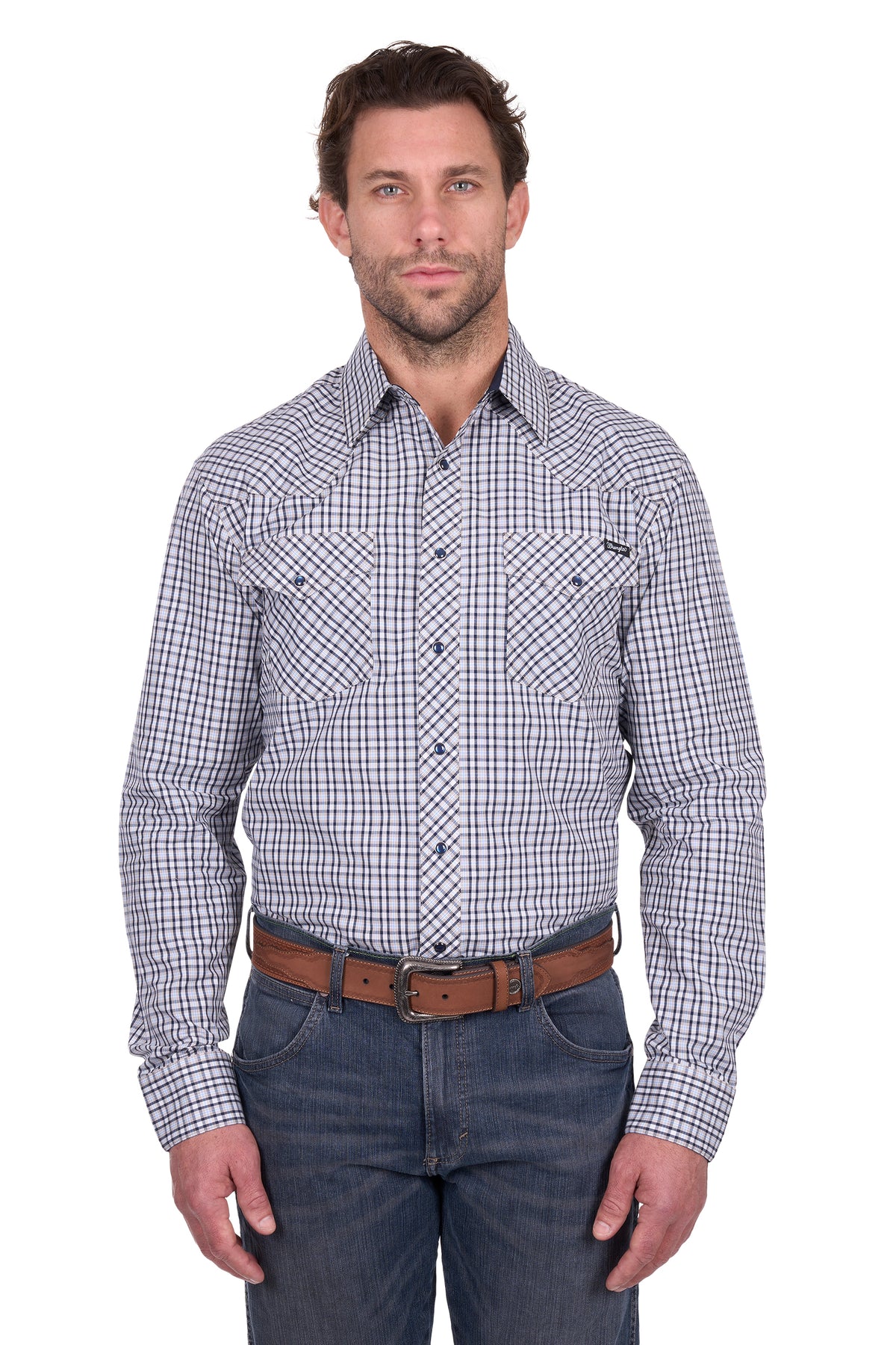 Man wearing a plaid shirt and jeans on a white background